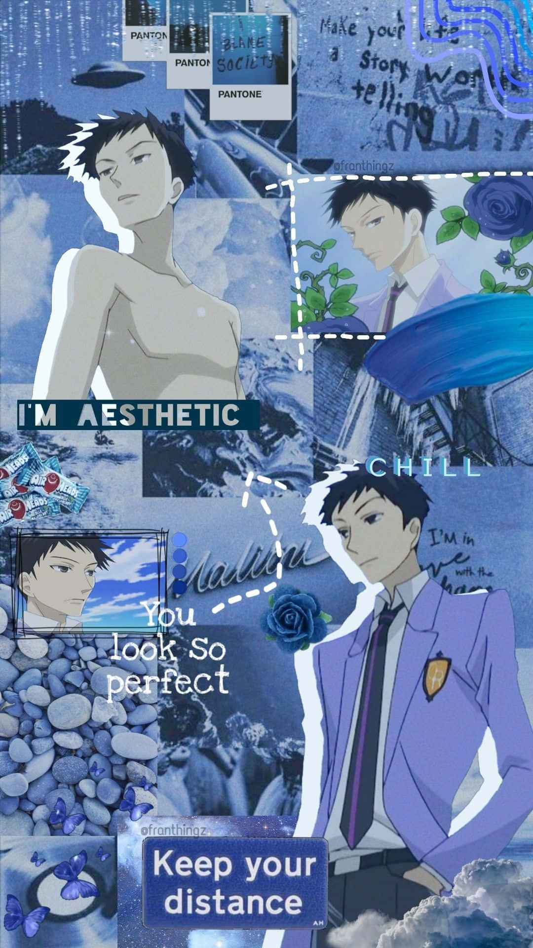 Takashi Morinozuka, blue-toned, anime collage, Full HD Phone Wallpaper