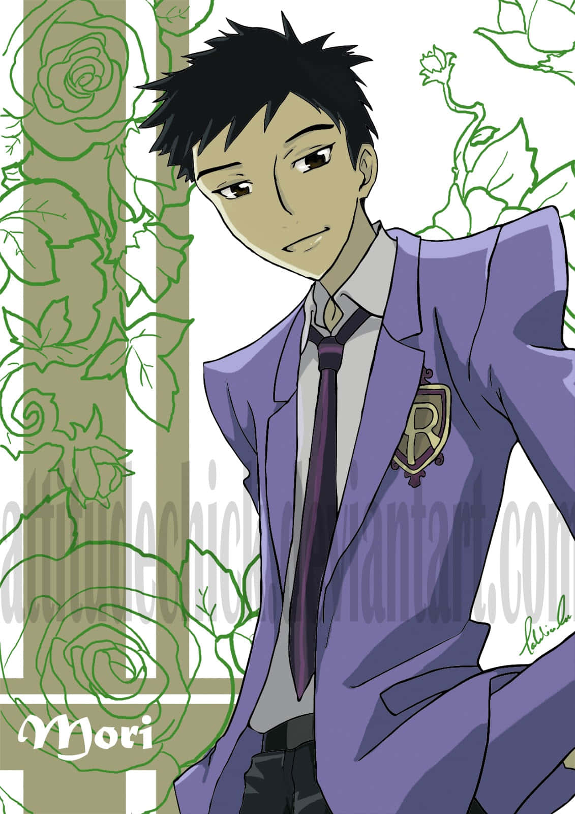 Takashi Morinozuka, purple school uniform, green rose vine background, HD Phone Wallpaper