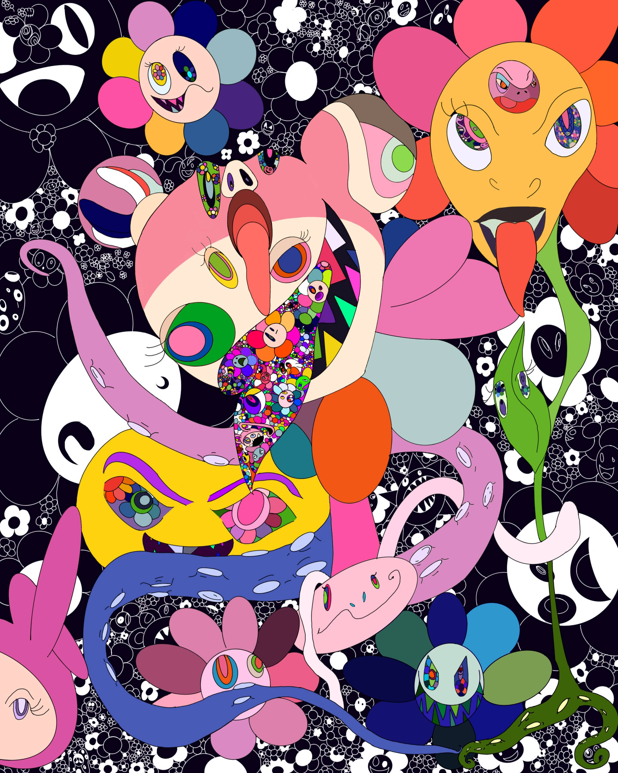 Takashi Murakami, underwater, vibrant surreal cartoon creatures, 2K Phone Wallpaper