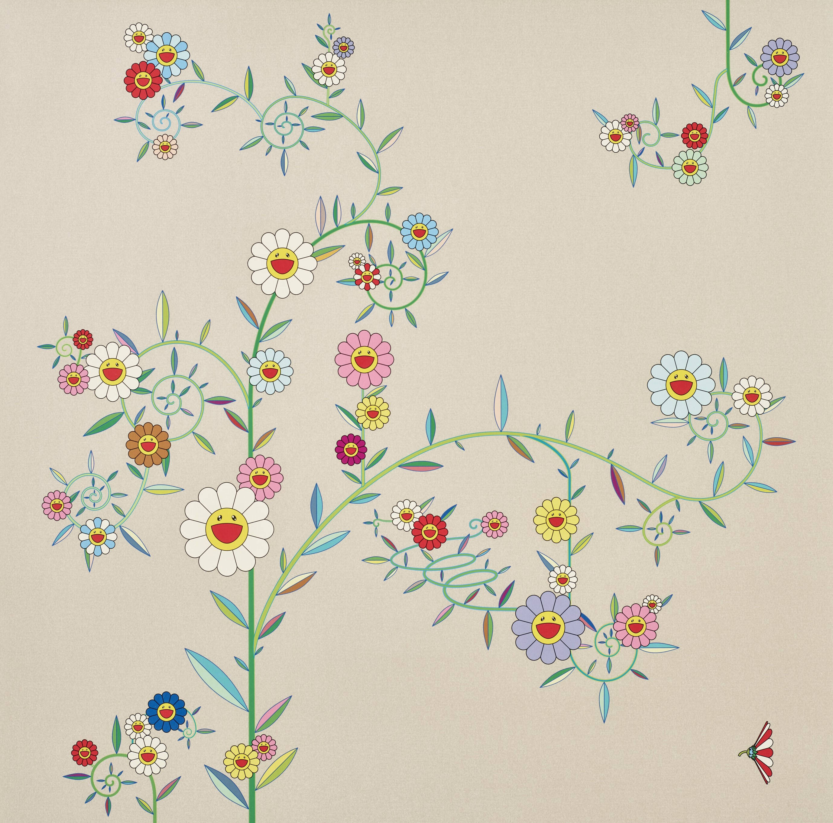 Takashi Murakami, vibrant smiling flowers, colorful petals, 2K Desktop Wallpaper