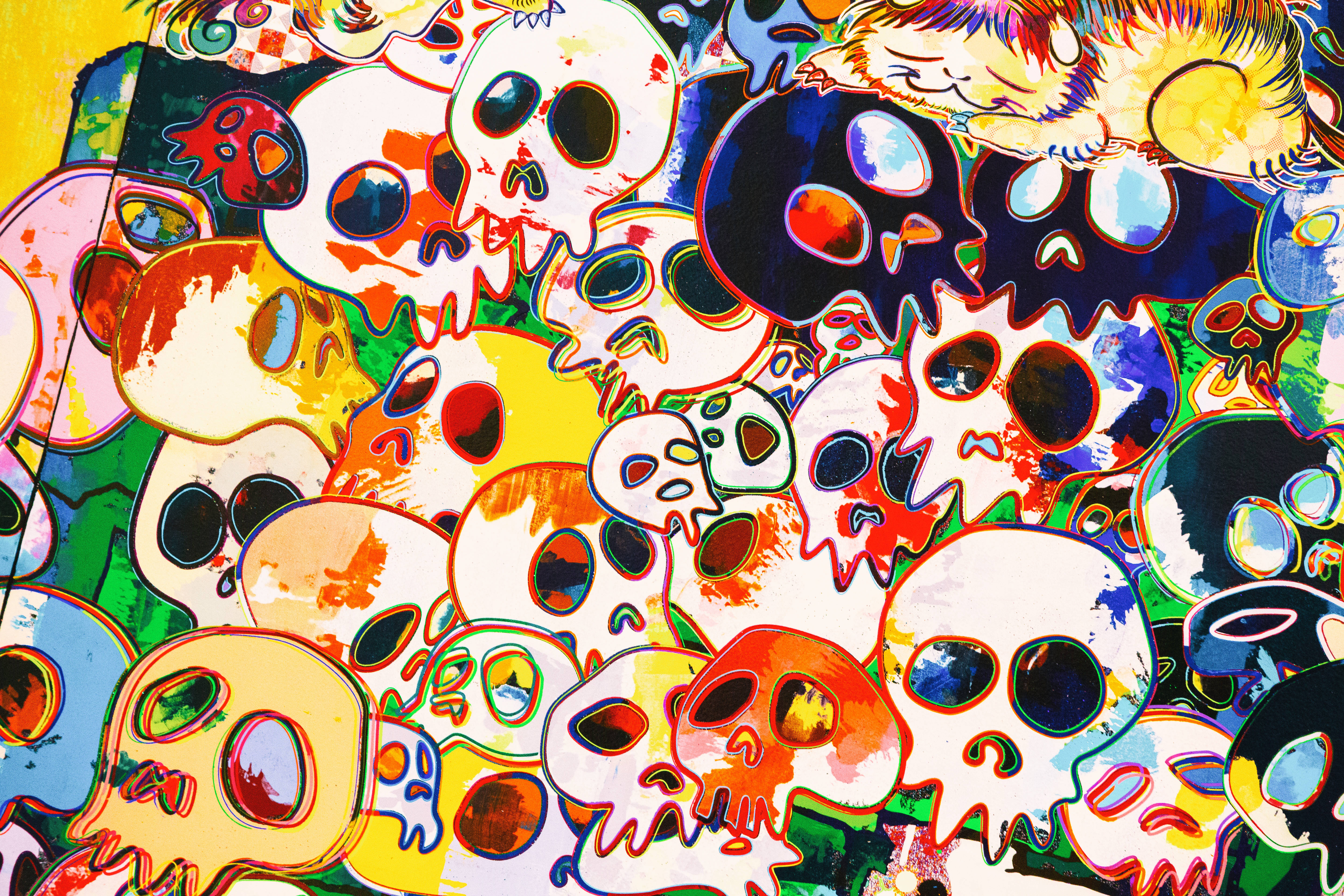 Takashi Murakami, skull, graffiti-style, 5K Desktop Wallpaper