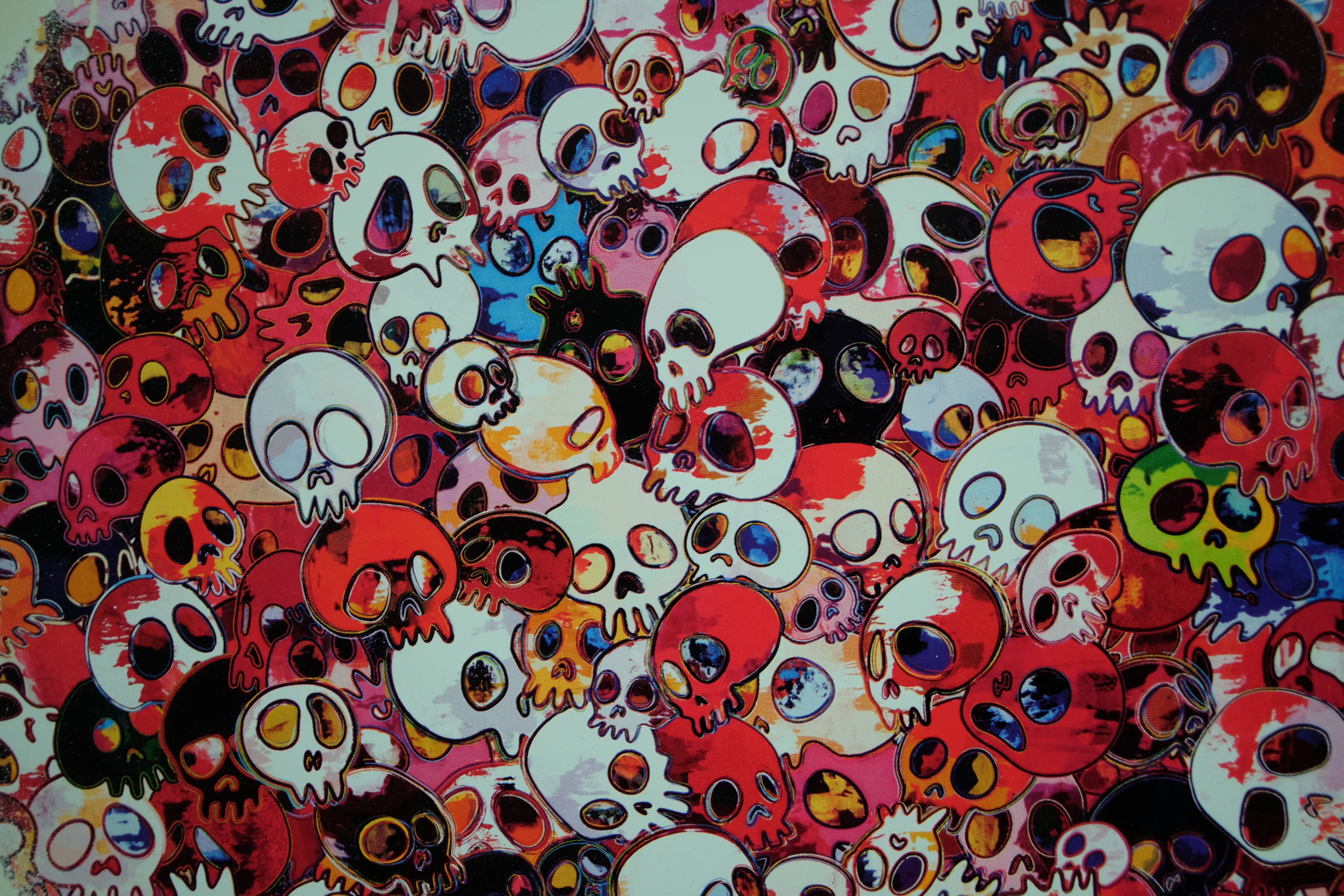 Takashi Murakami 4K, stylized skulls, red white and multicolored hues, 4K Desktop Wallpaper