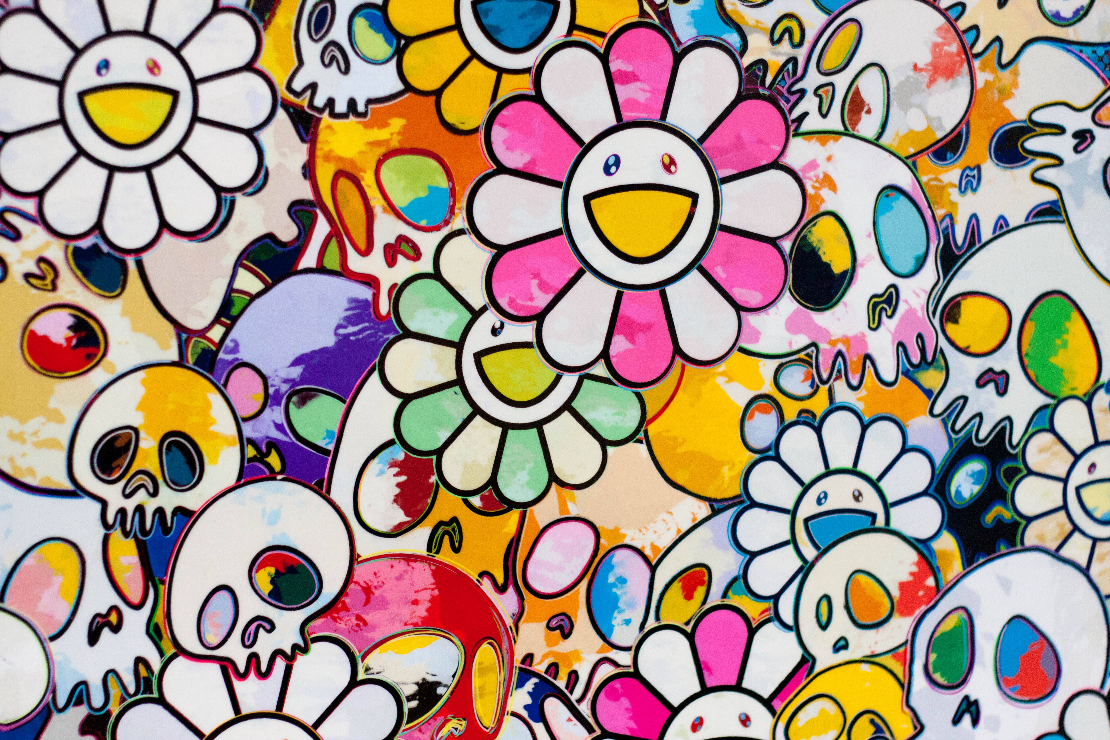 Takashi Murakami, cartoon skulls, daisies, 4K Desktop Wallpaper