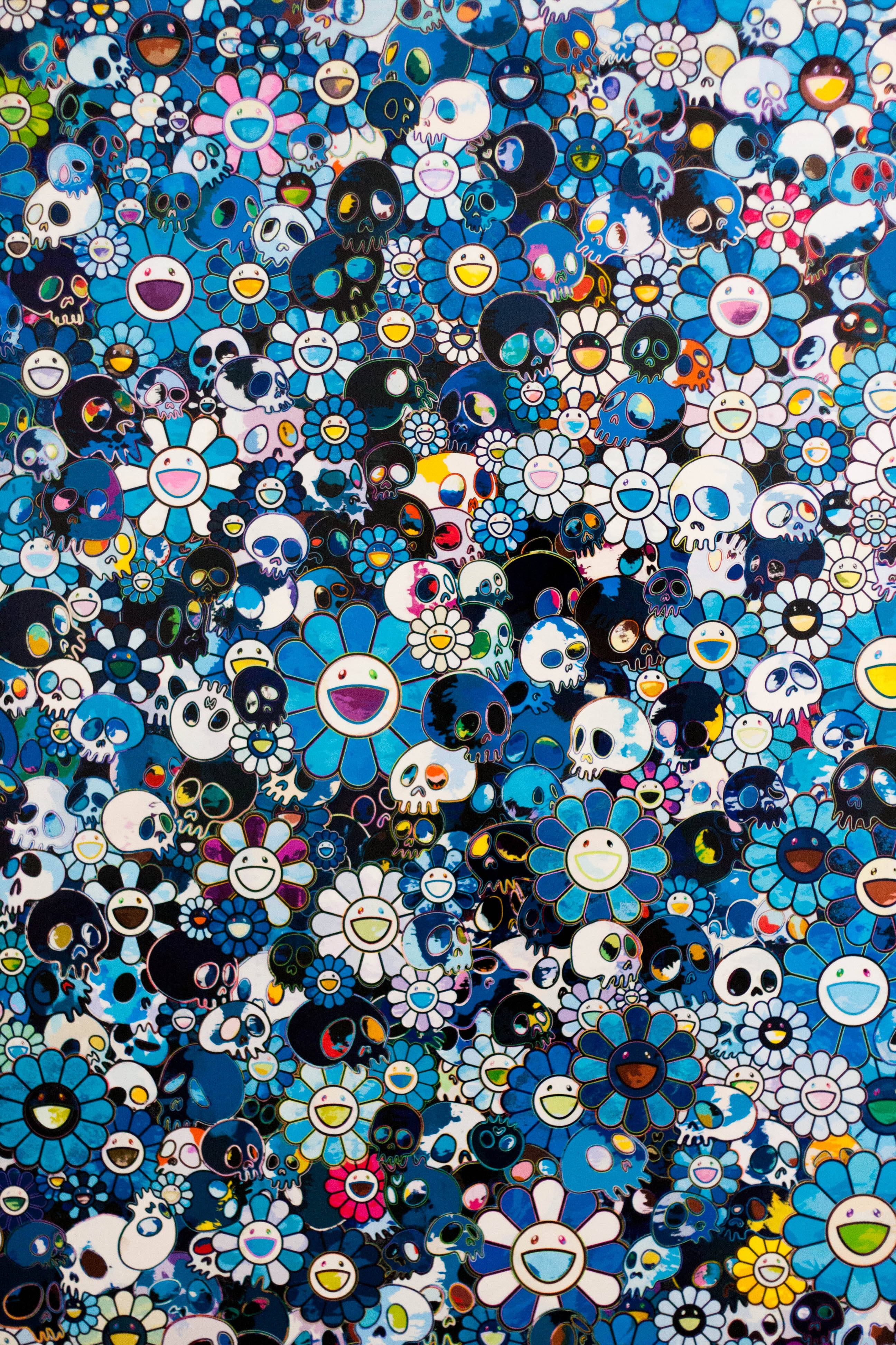 Takashi Murakami, blue daisies, skulls with smiling faces, 4K Phone Wallpaper