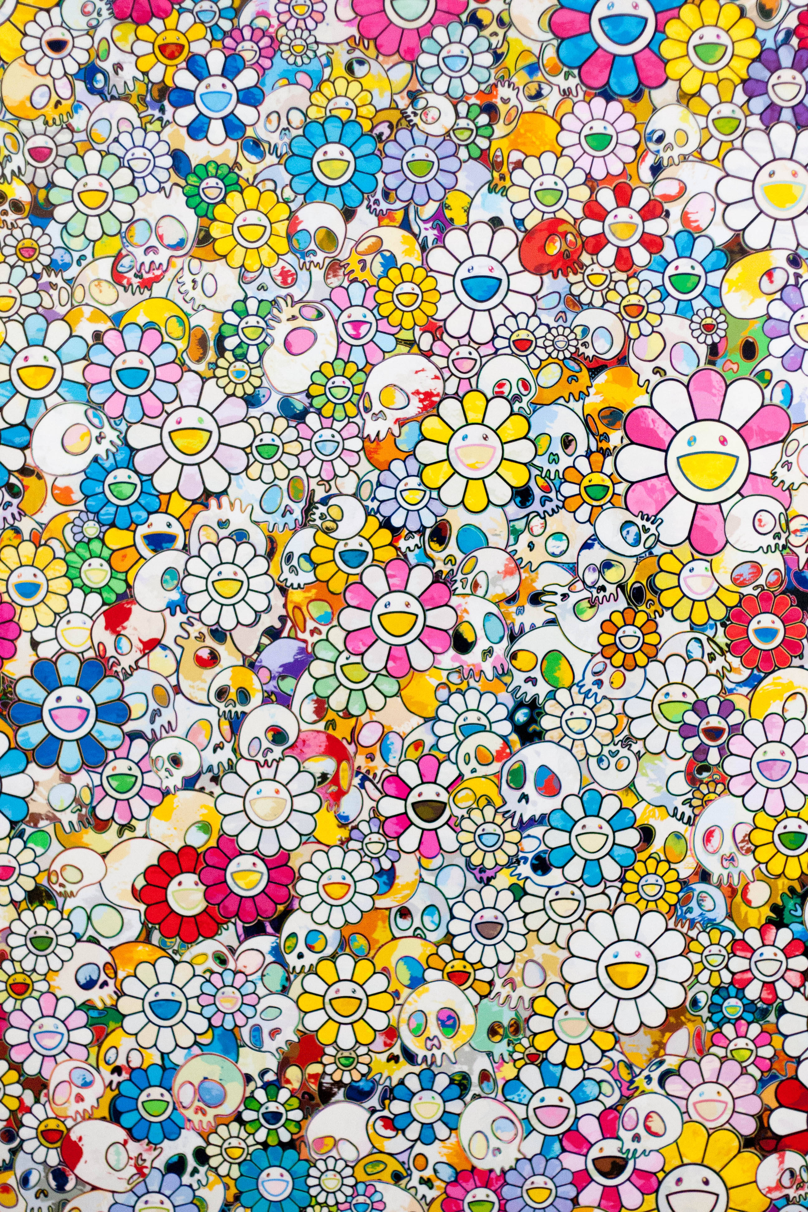 Large Smileys, Takashi Murakami, cartoonish smiling flowers, 4K Phone Wallpaper