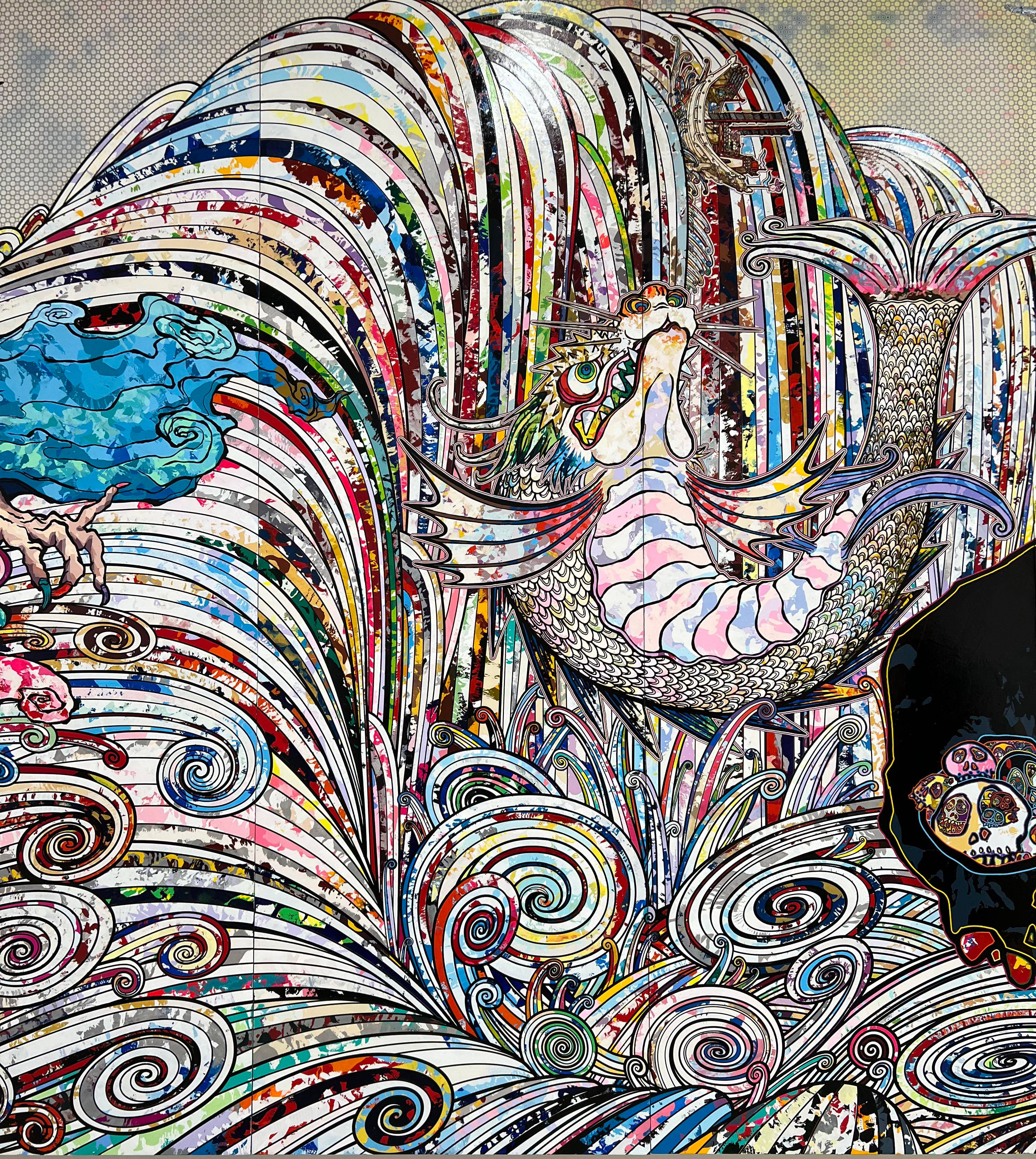 Takashi Murakami 4K, mythical fish, swirling patterns, 2K Phone Wallpaper