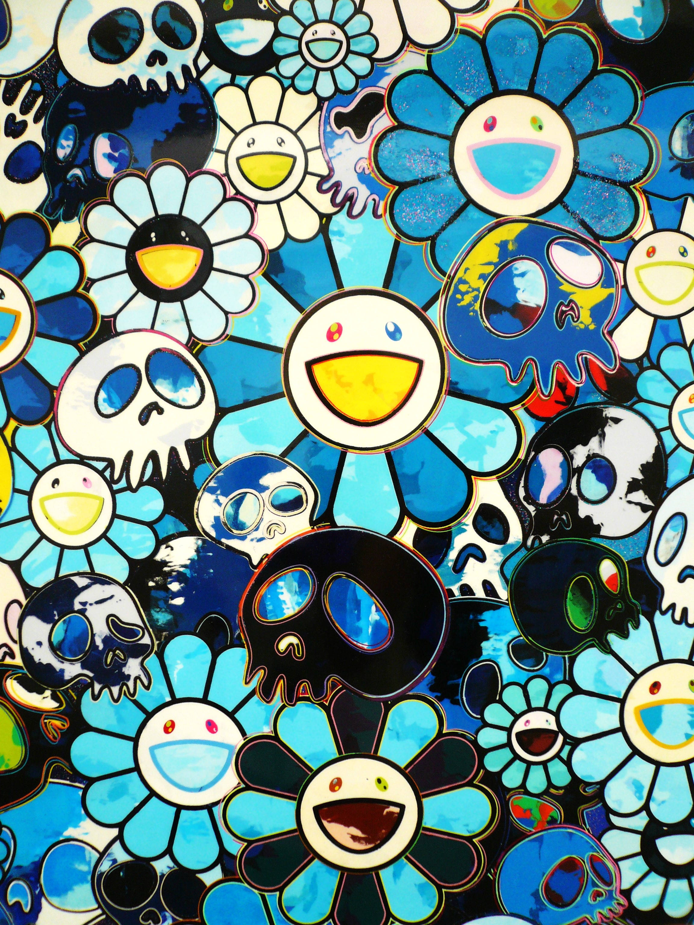 Takashi Murakami, vibrant blue daisies, smiling faces, 2K Phone Wallpaper