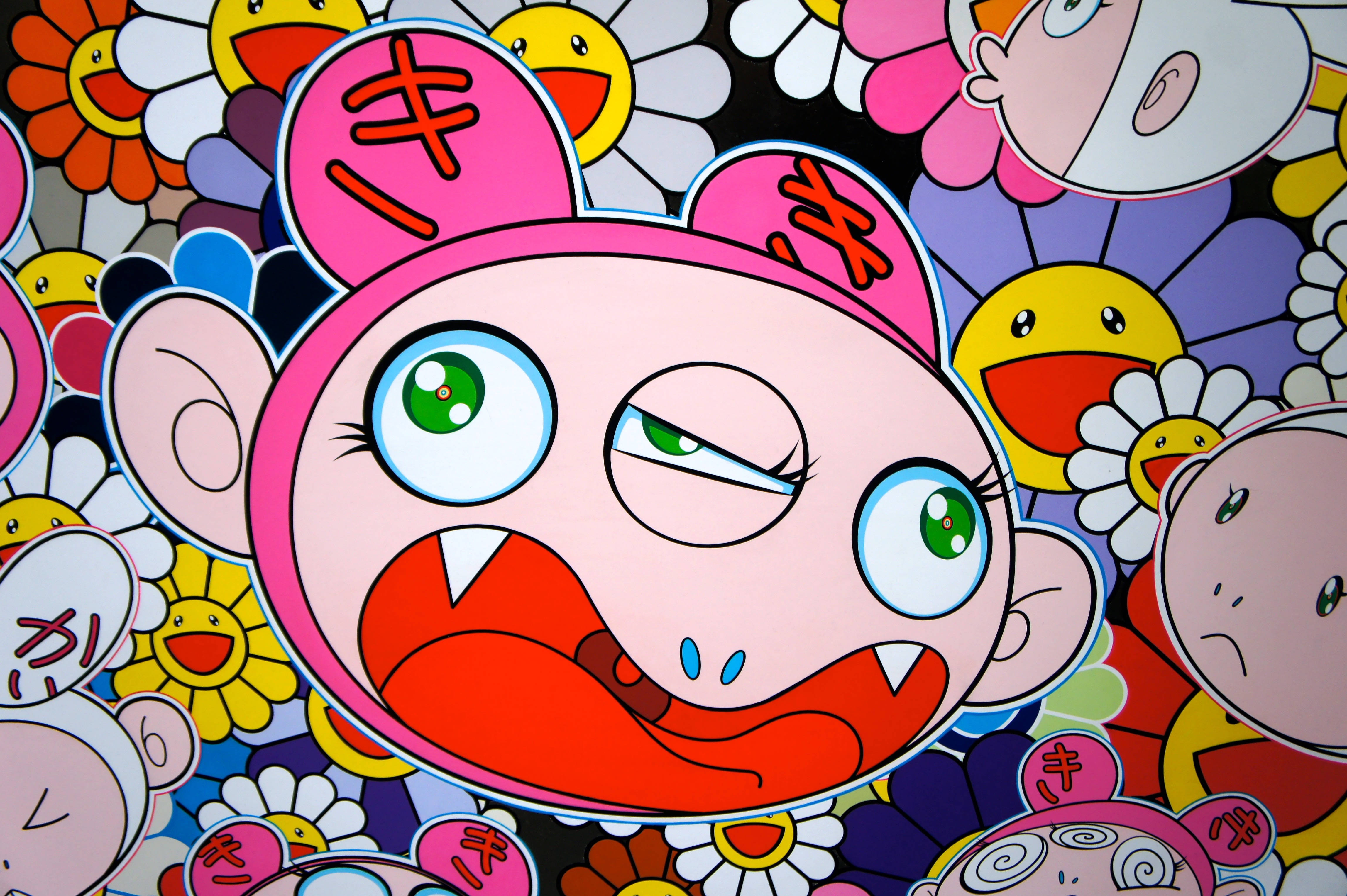 Takashi Murakami 4K, pink cartoon character, green eyes, 4K Desktop Wallpaper