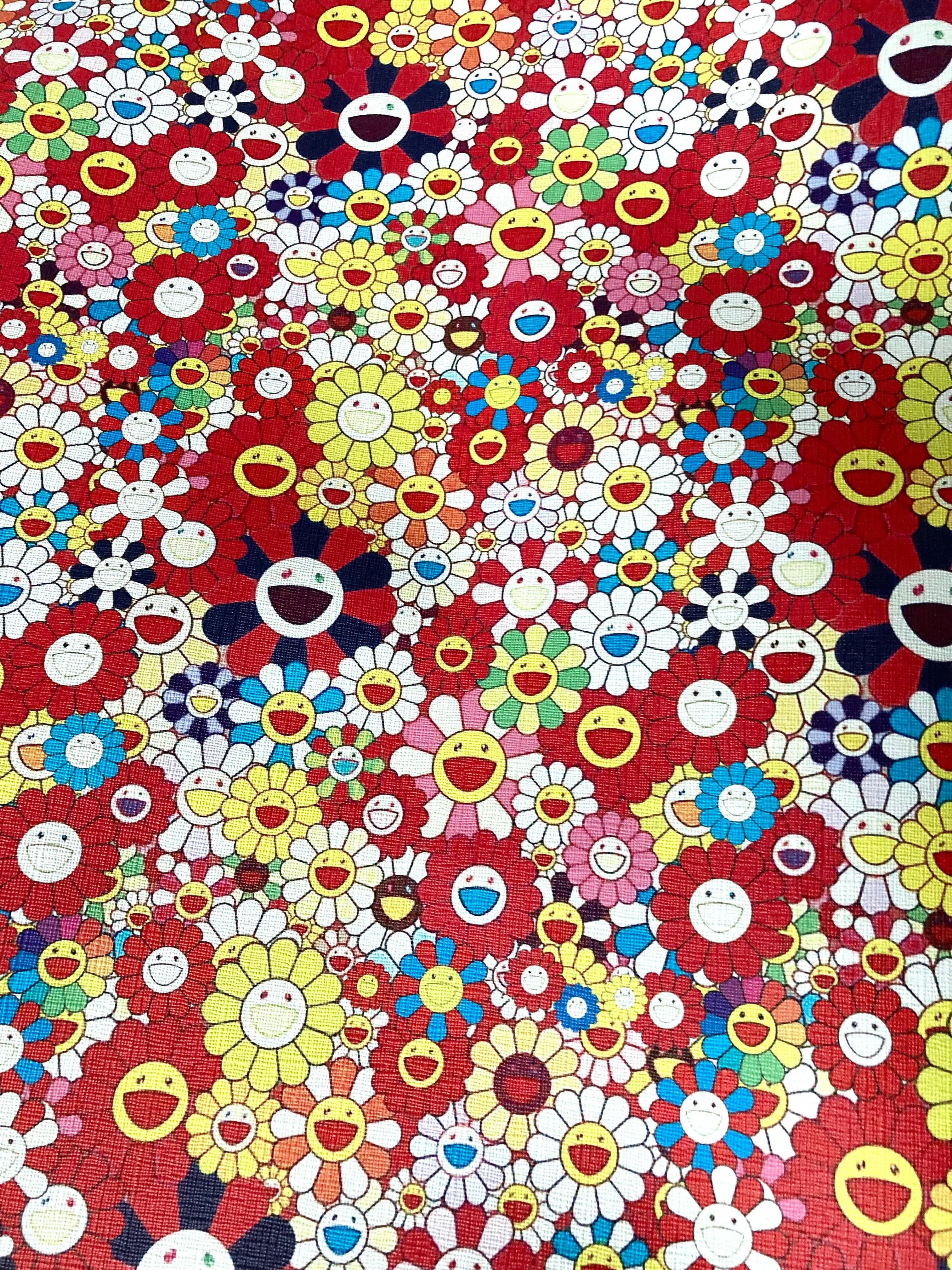 Takashi Murakami, smiley flowers, vibrant red background, 4K Phone Wallpaper