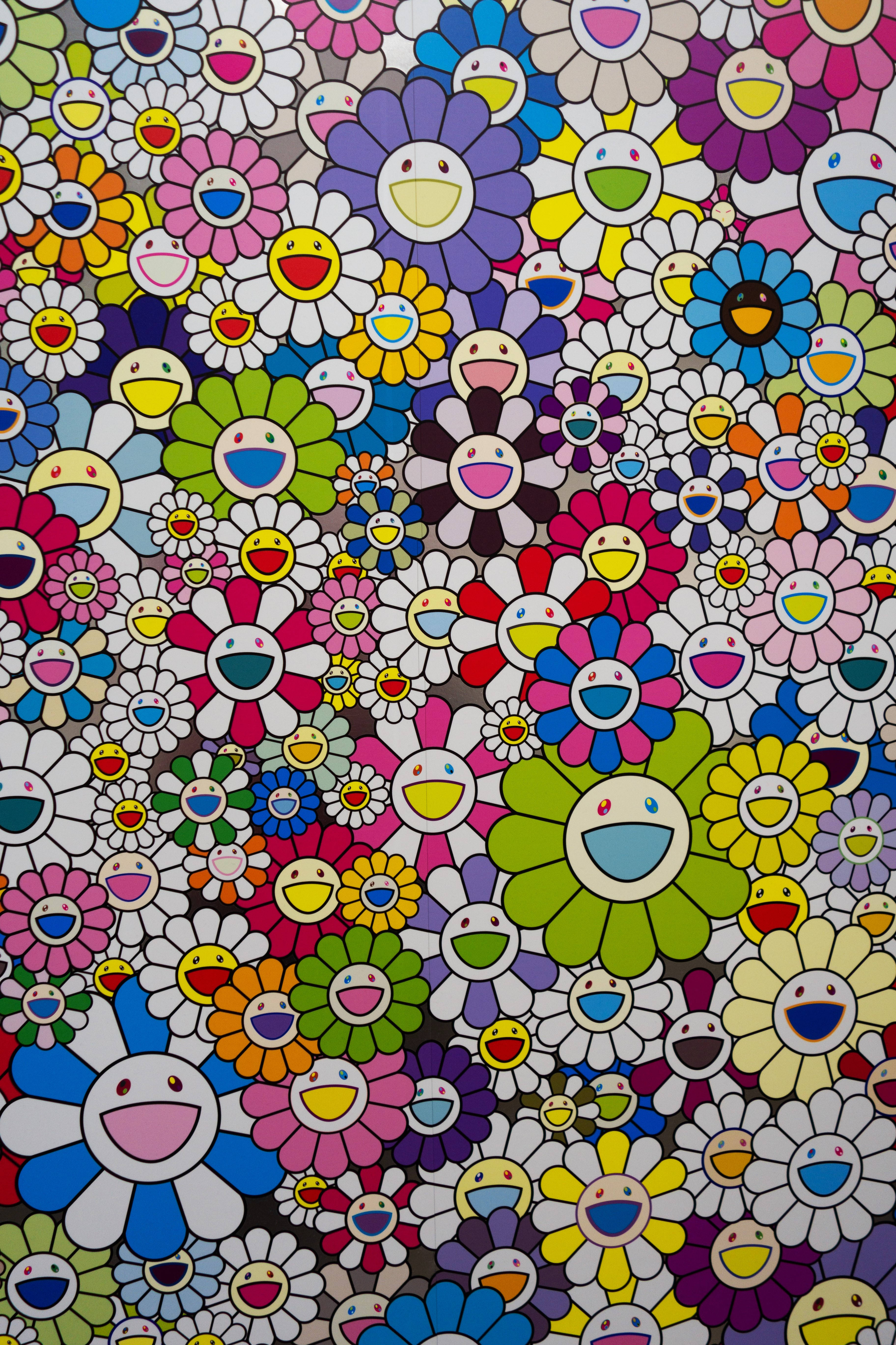 Takashi Murakami, smiley, cartoonish smiling flowers, 5K Phone Wallpaper