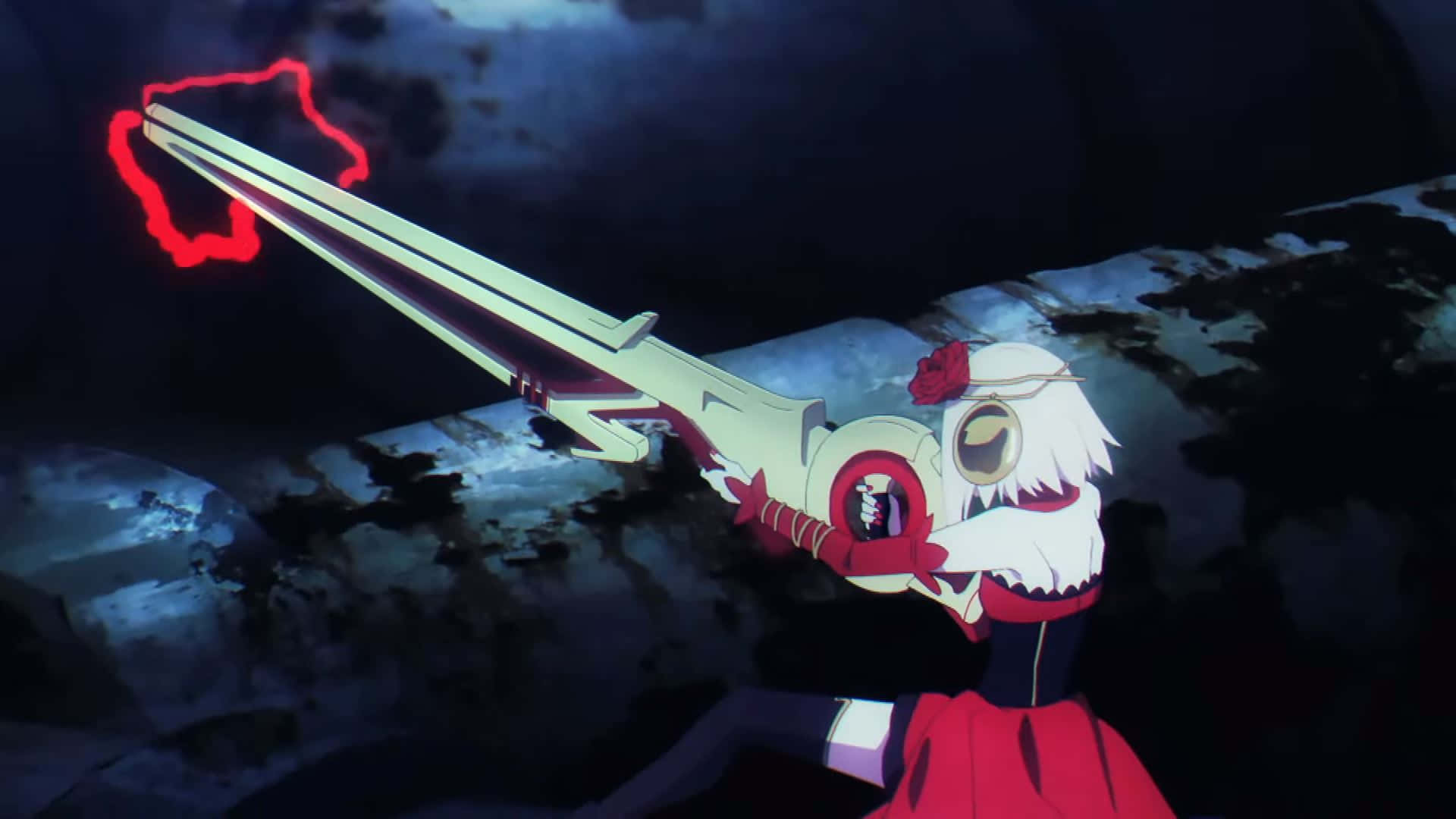 Takt Op Destiny, white-haired anime character, red scythe, Full HD Desktop Wallpaper