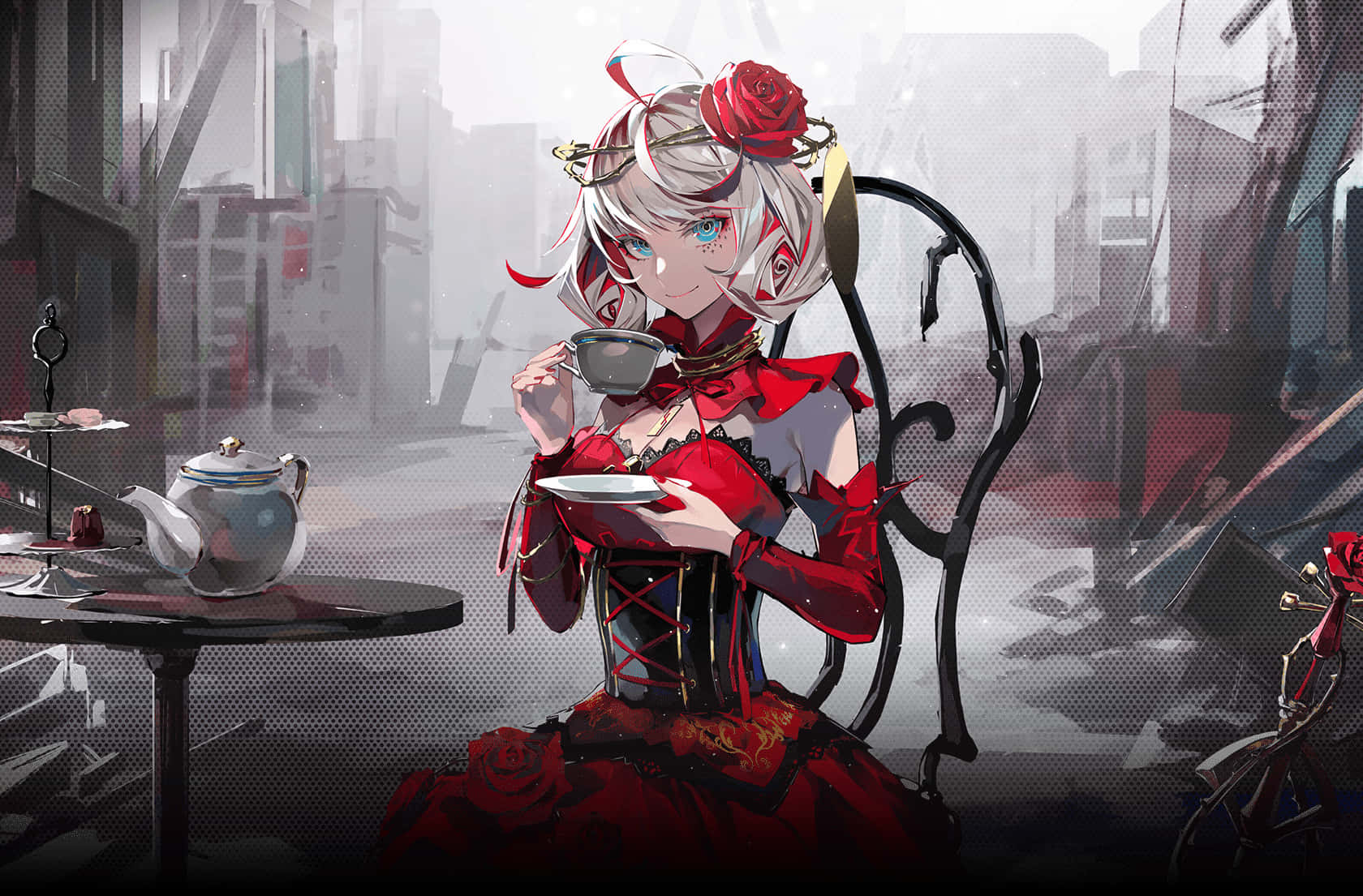Takt Op Destiny, silver-haired anime girl, red gothic dress, HD Desktop Wallpaper