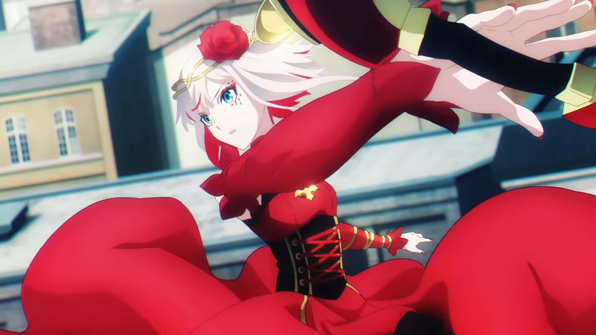 Takt Op Destiny, white-haired anime girl, flowing red dress, Full HD Desktop Wallpaper