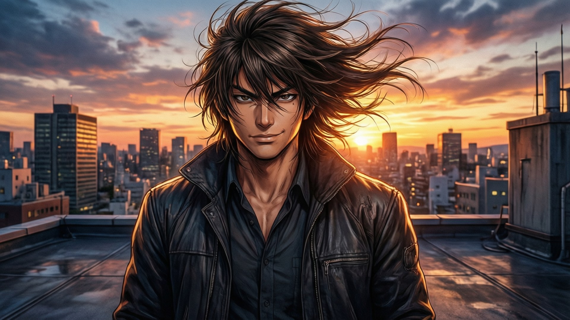 Takuma Ichijo, rooftop, sunset, Full HD Desktop Wallpaper
