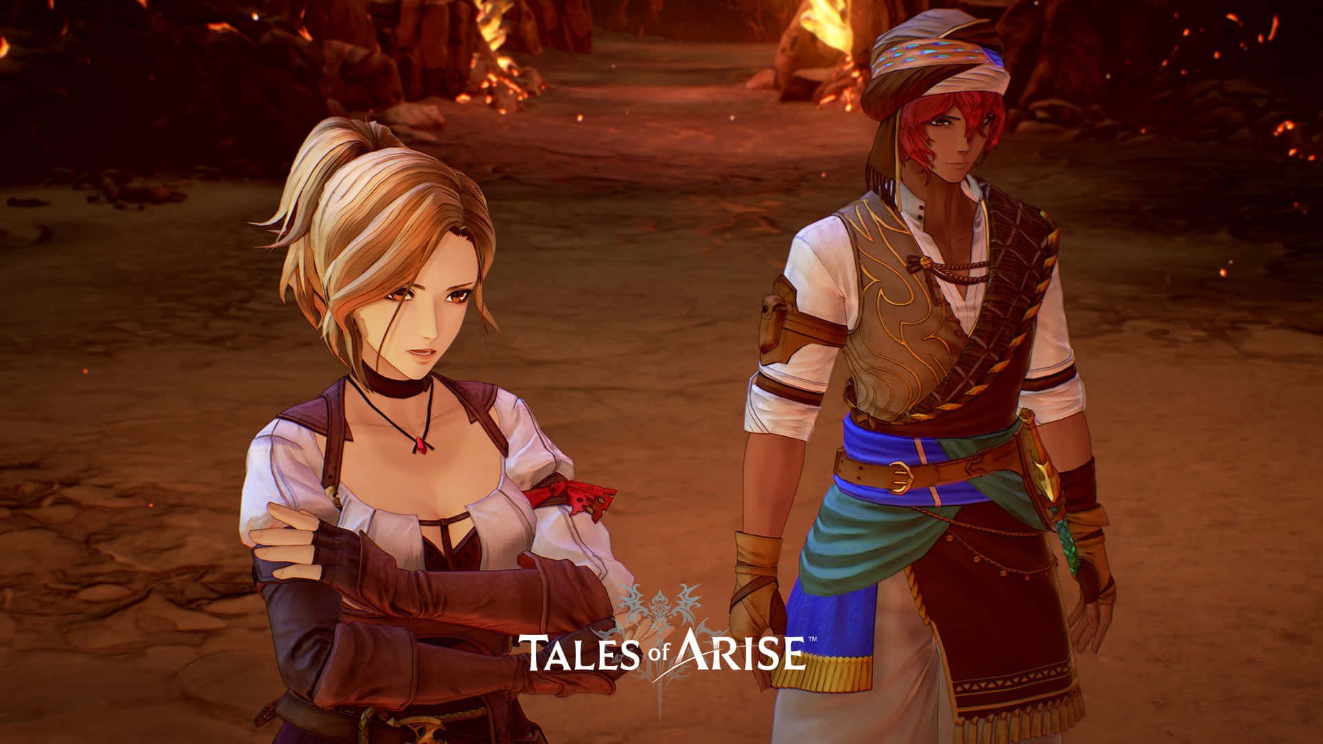 Tales of Arise, anime characters, fiery rocky landscape, Full HD Desktop Wallpaper