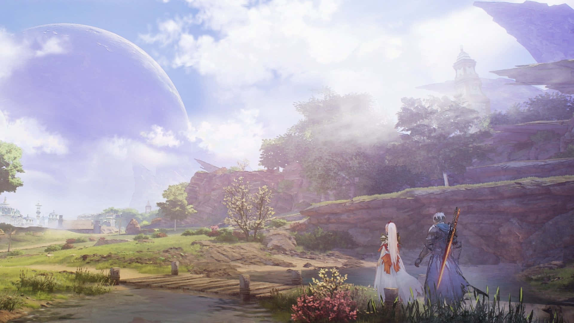 Tales of Arise, misty valley, giant purple planet, Full HD Desktop Wallpaper