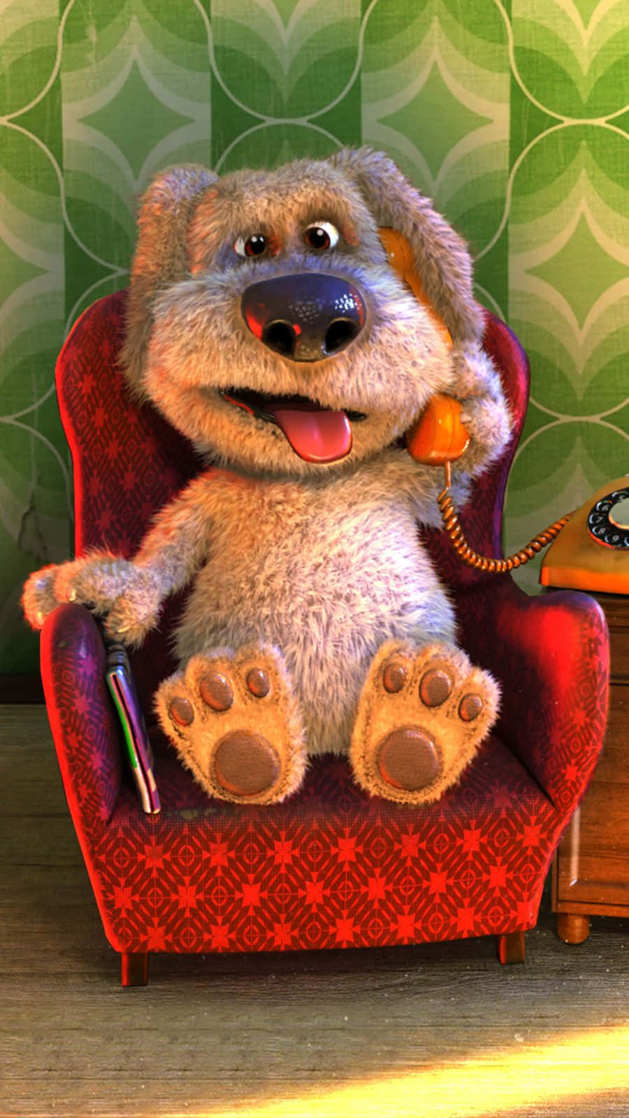 Talking Ben, fluffy animated dog, red patterned armchair, HD Phone Wallpaper