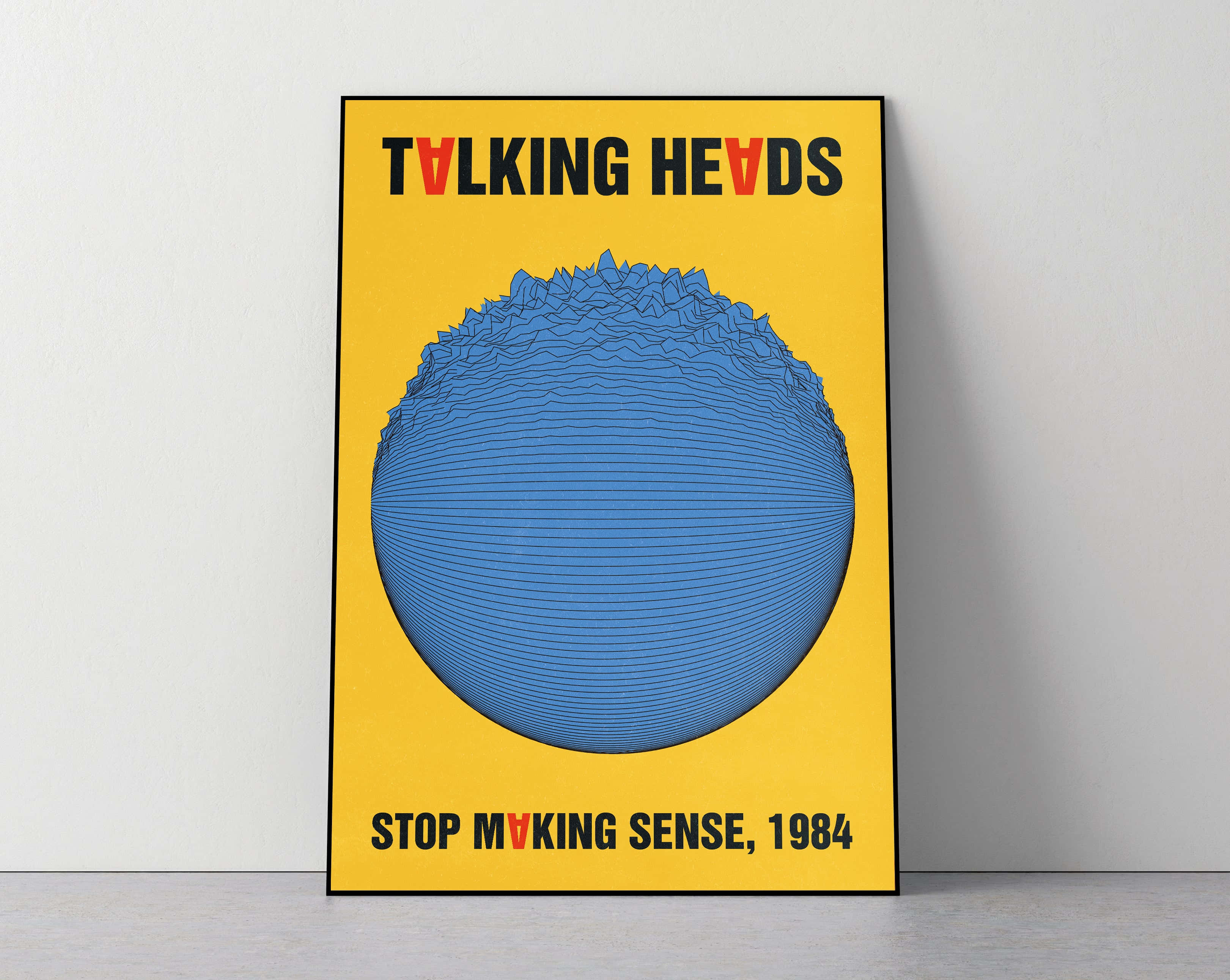Talking Heads, blue textured sphere, yellow background, 2K Desktop Wallpaper