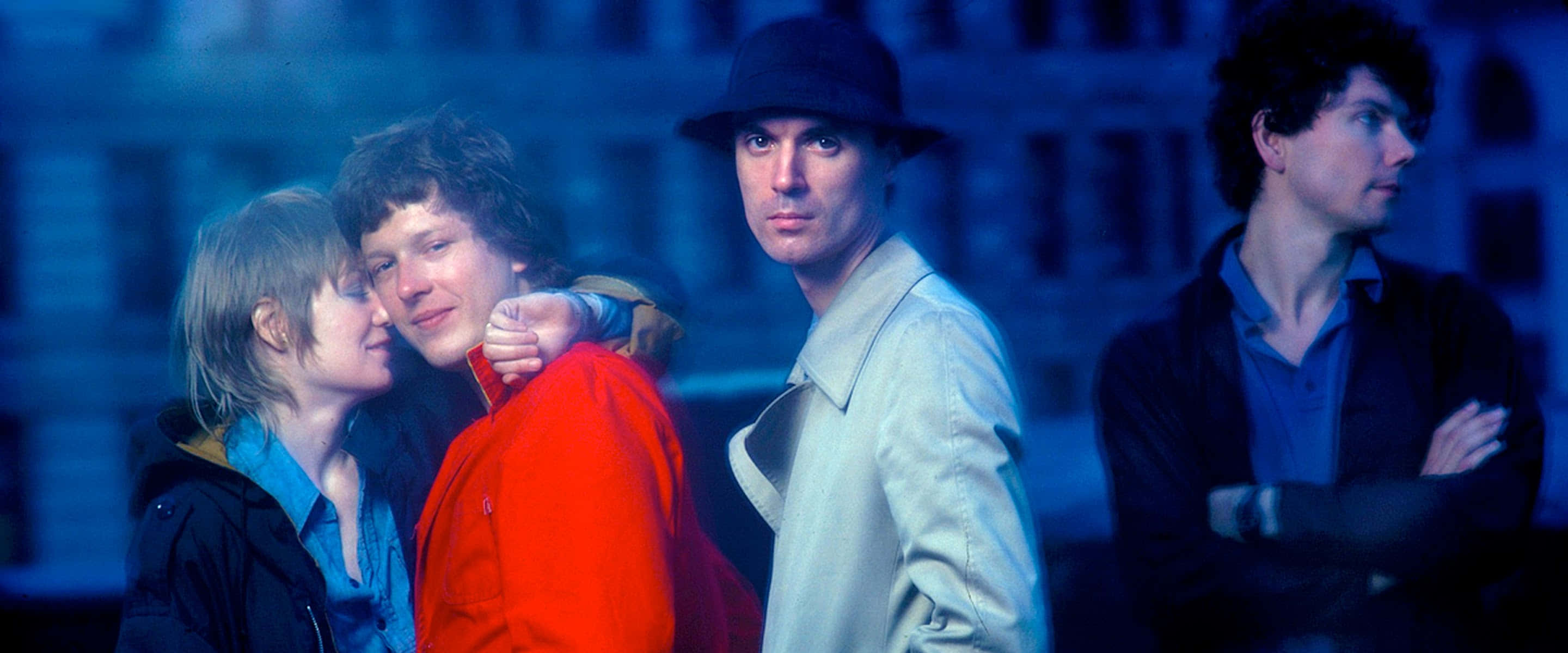 Talking Heads, urban streetwear, cool blue city backdrop, 2K Desktop Wallpaper
