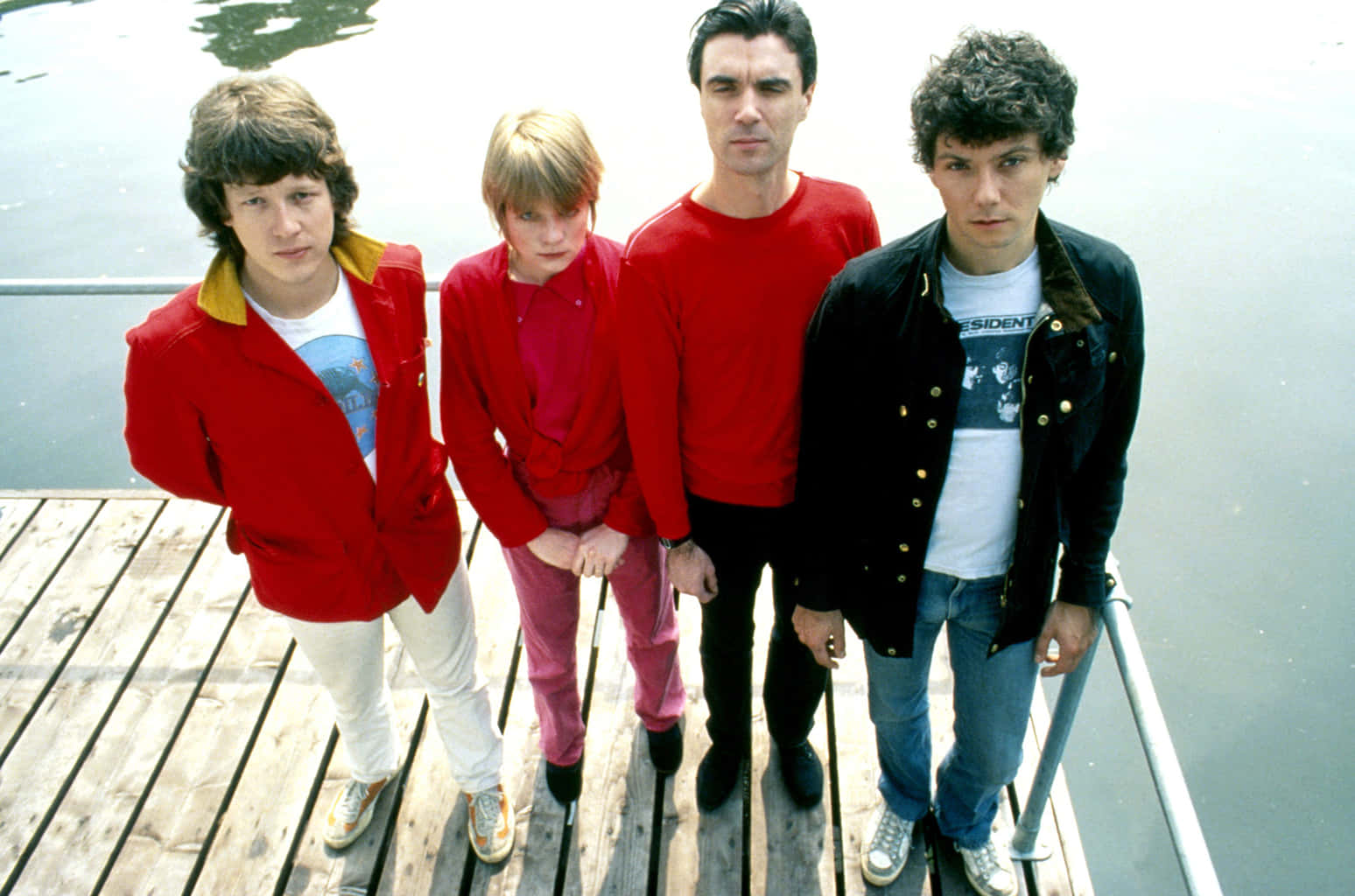 Talking Heads, red jackets, wooden dock, HD Desktop Wallpaper
