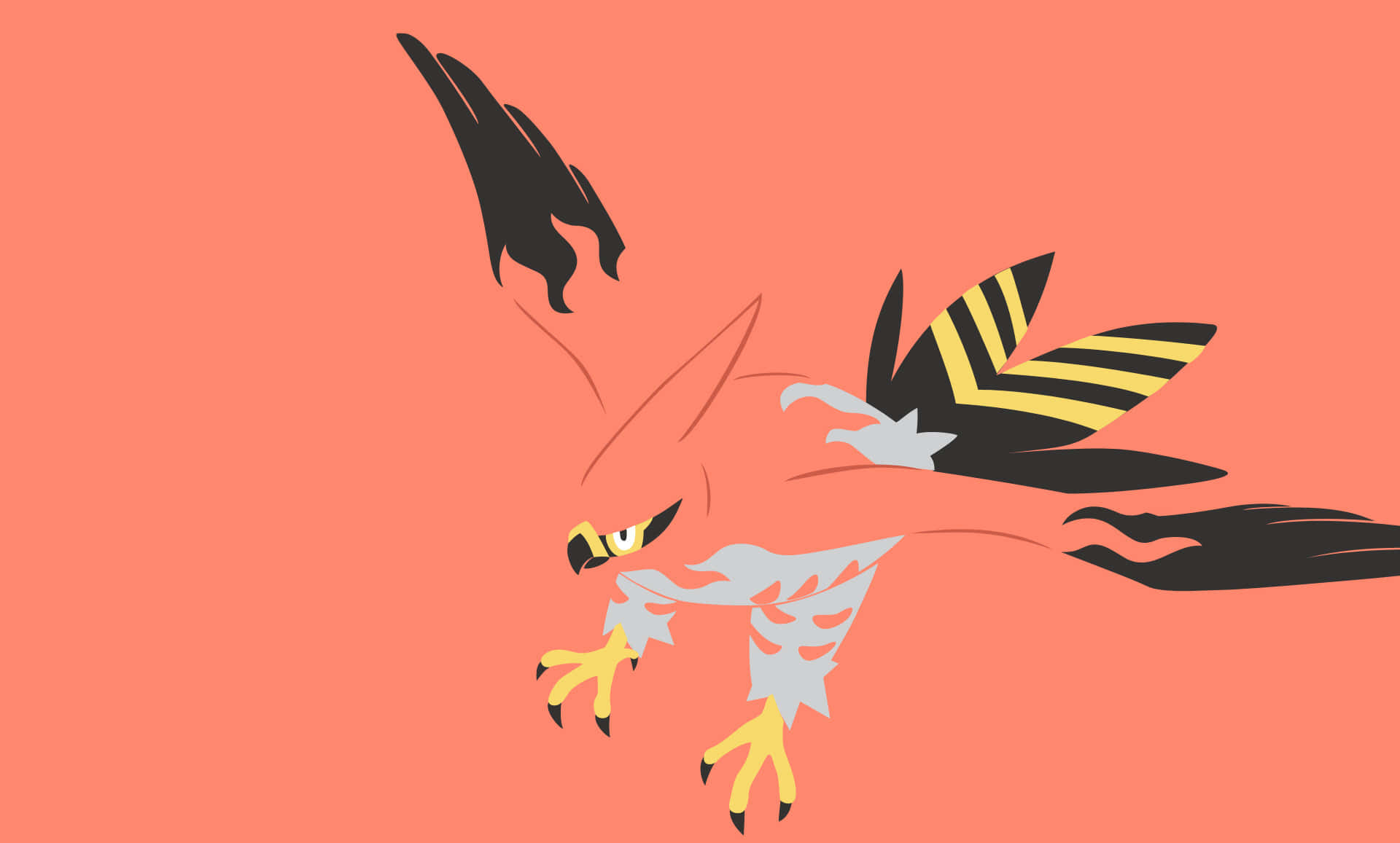 Talonflame, black and yellow striped wings, coral background, Full HD Desktop Wallpaper