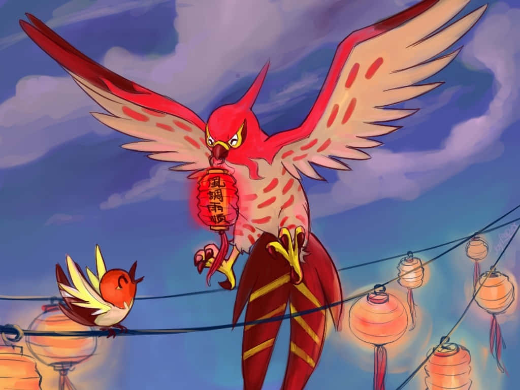 Talonflame, twilight sky, glowing lantern, SD Desktop Wallpaper