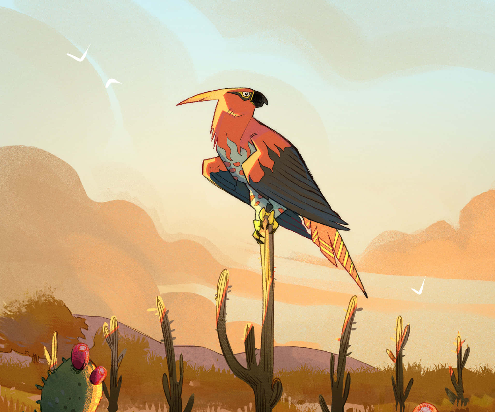 Talonflame, saguaro cactus, warm sunset desert sky, Full HD Desktop Wallpaper