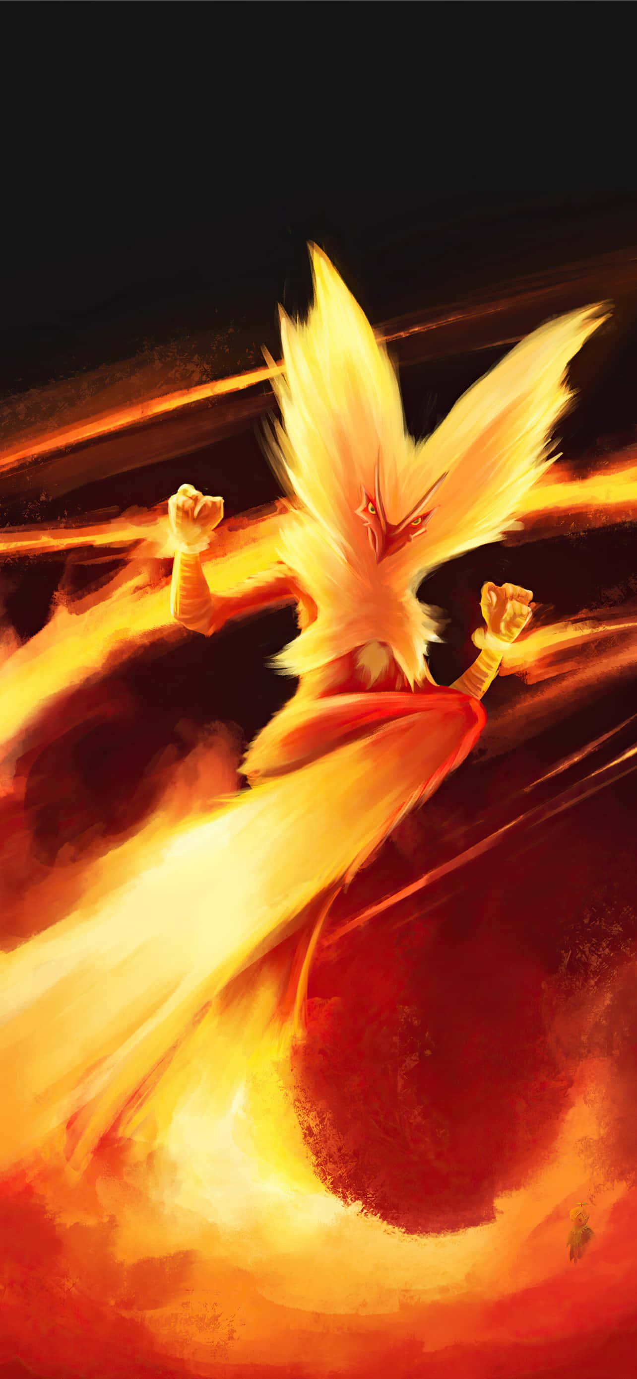 Talonflame, fiery fox spirit, glowing yellow fur, 2K Phone Wallpaper