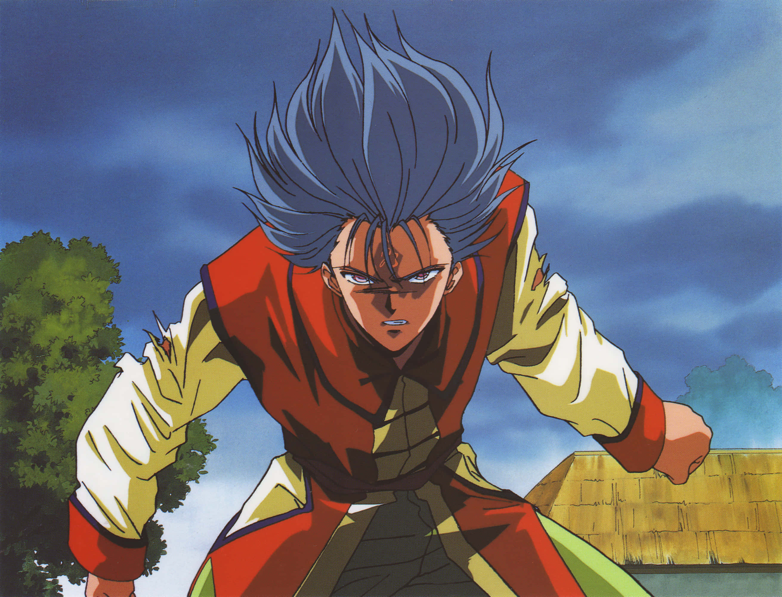 Tamahome, spiky blue hair, red armor, 2K Desktop Wallpaper