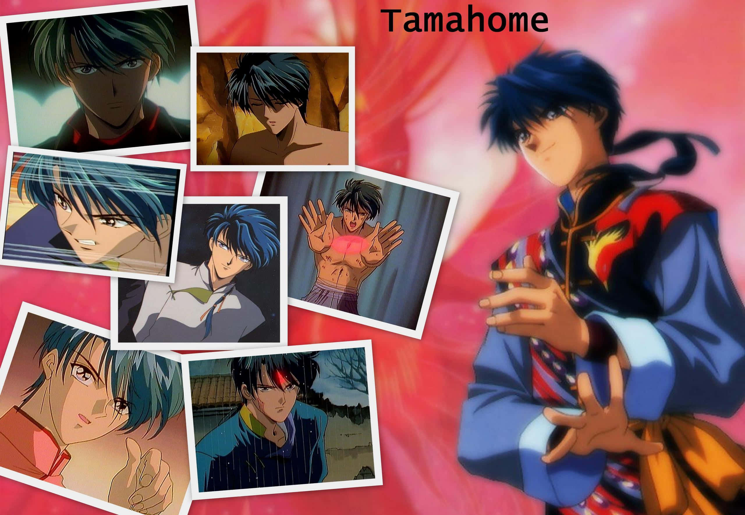 Tamahome, anime collage, glowing pink background, 2K Desktop Wallpaper