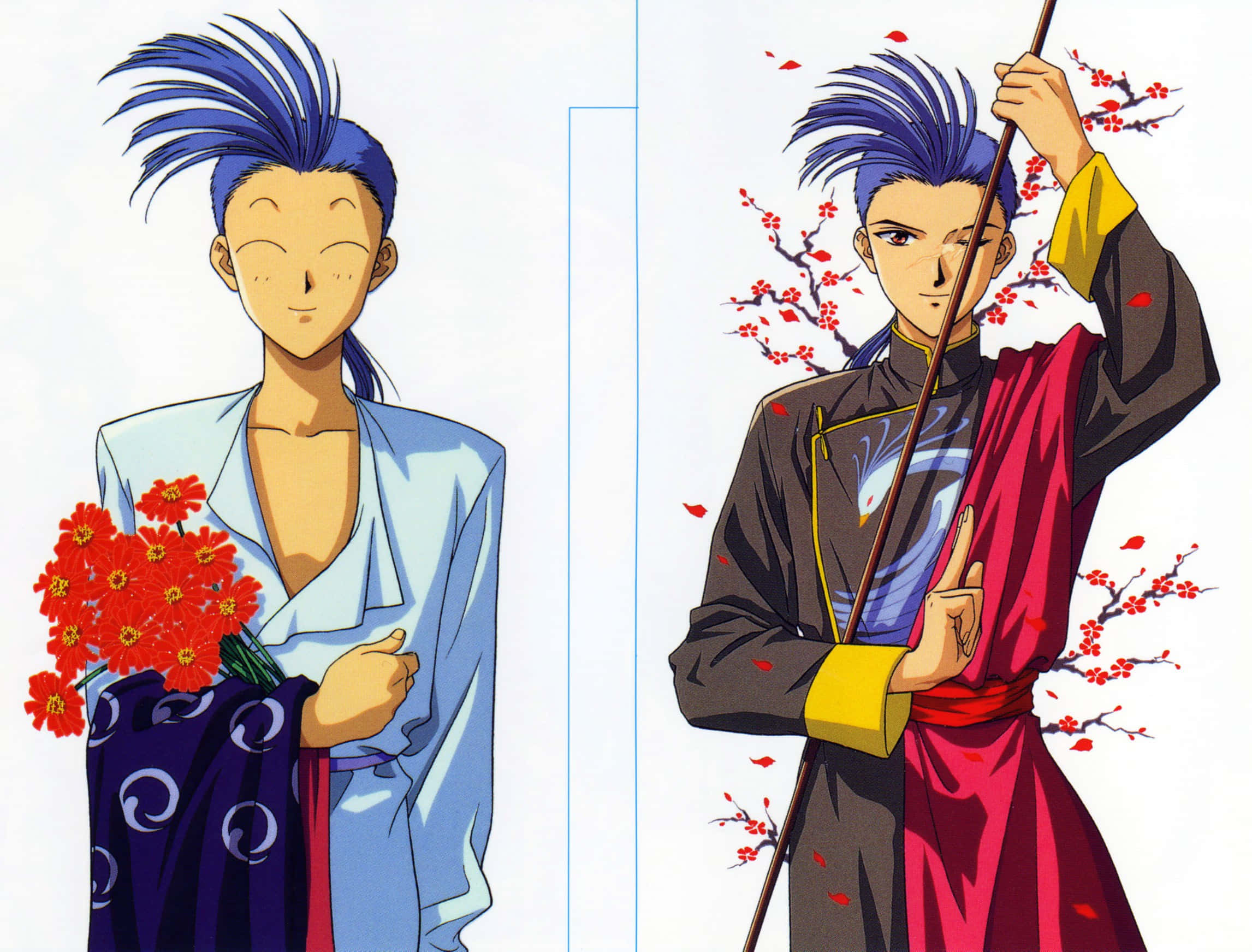 Tamahome, spiky blue hair, red flowers, Full HD Desktop Wallpaper
