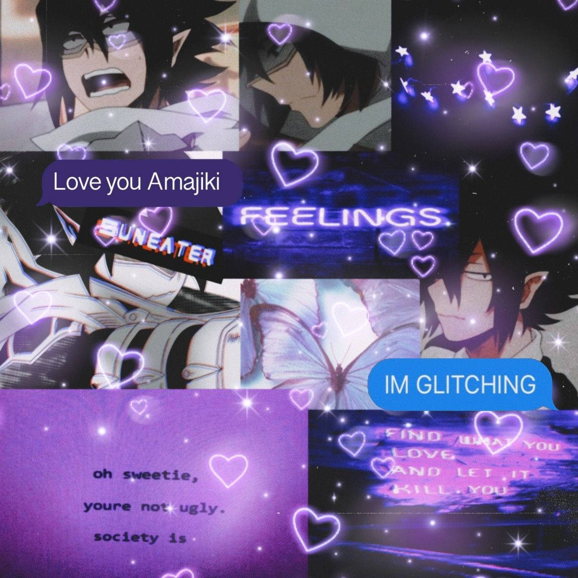 Tamaki Amajiki, glowing purple hearts, starry background, SD Desktop Wallpaper
