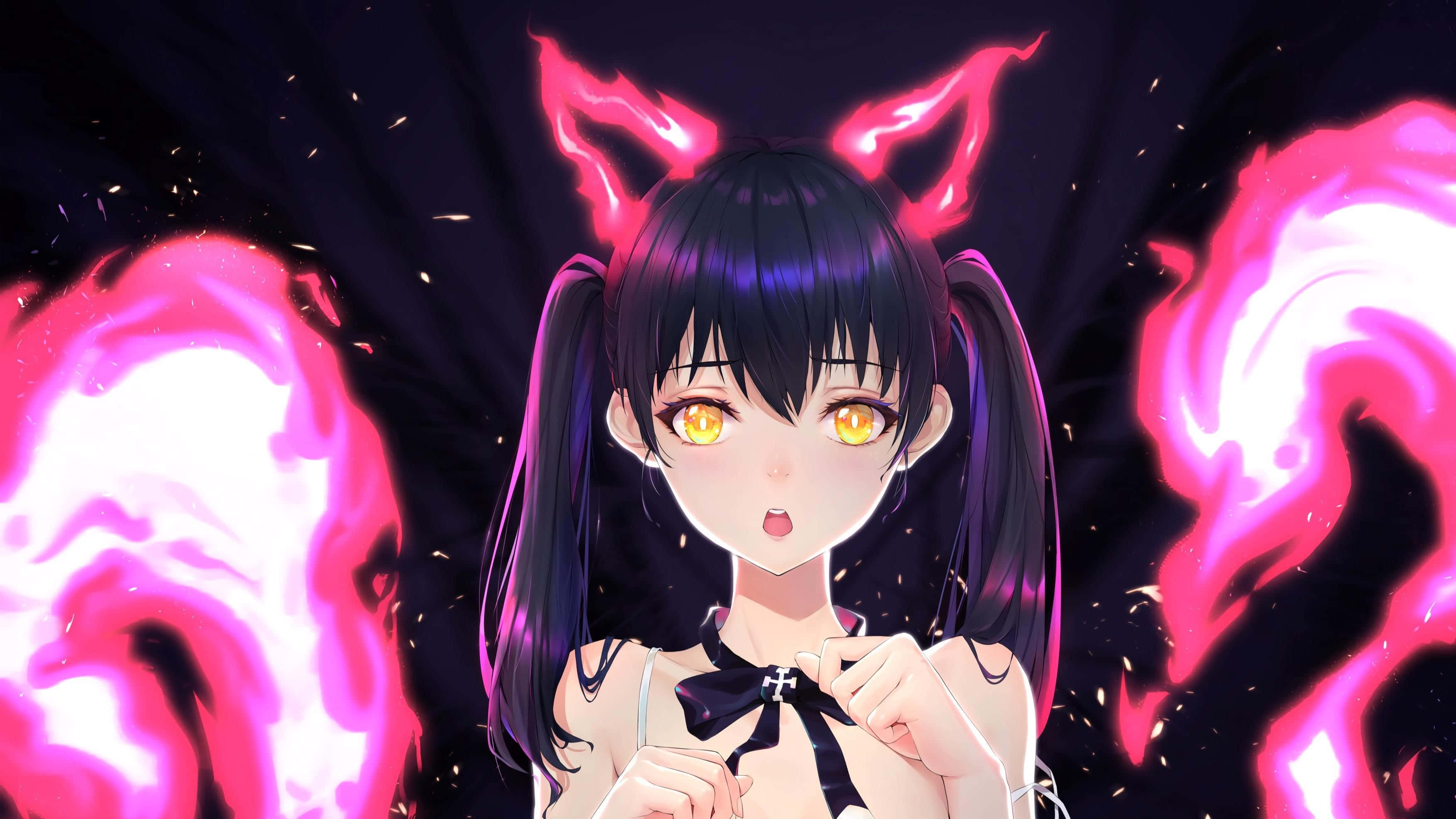 Tamaki Fire Force, glowing yellow eyes, pink flame horns, 2K Desktop Wallpaper