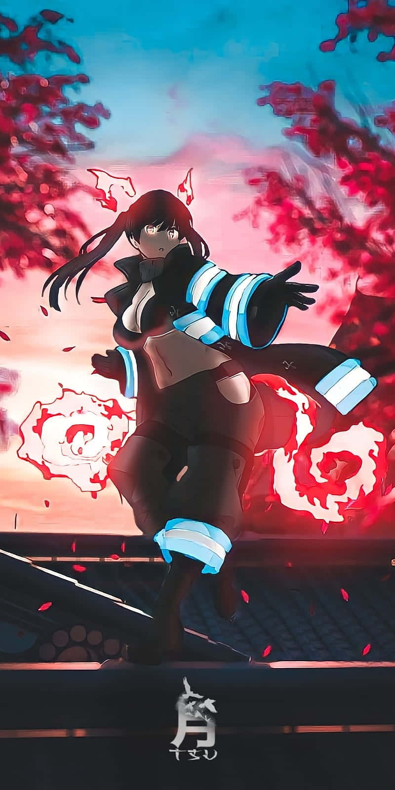 Tamaki Fire Force, dark hair, glowing blue armor, HD Phone Wallpaper
