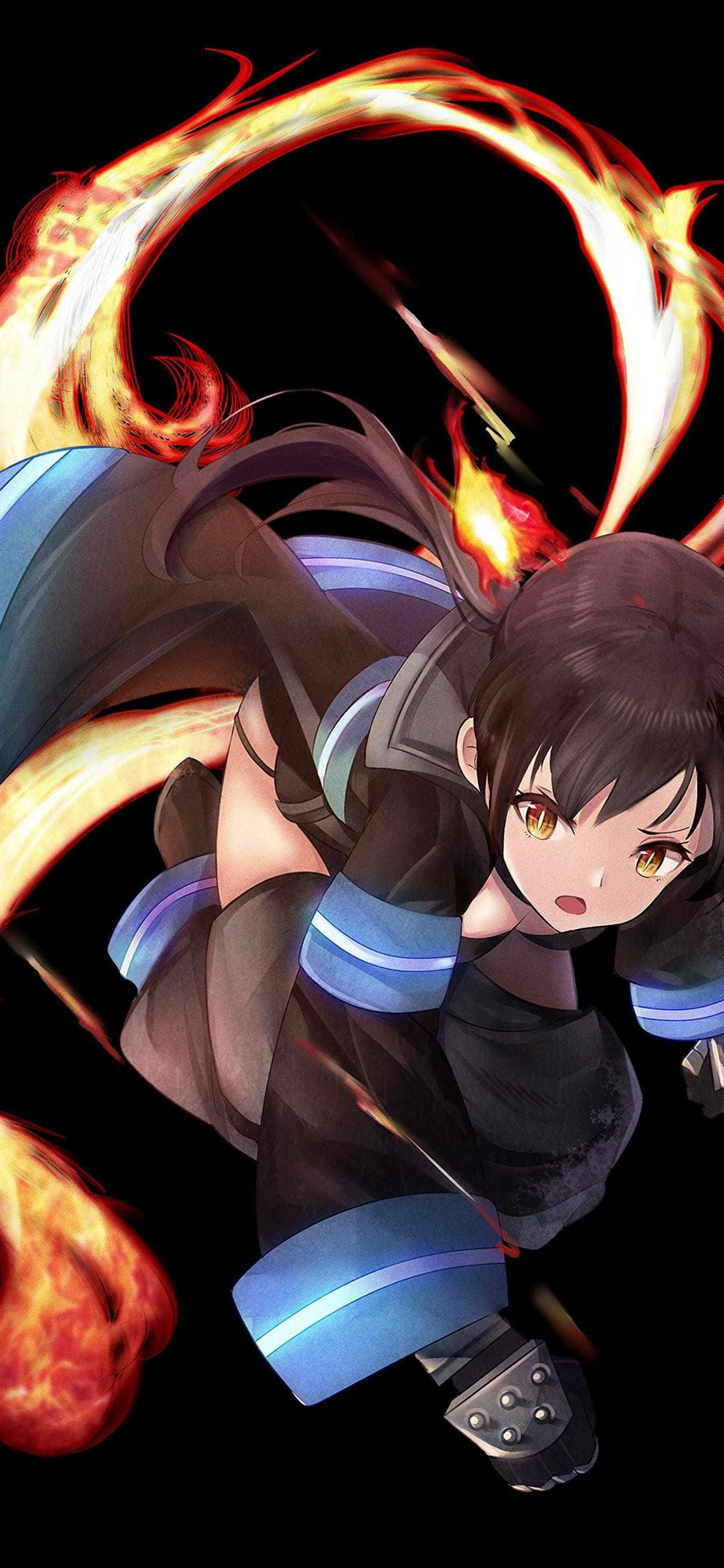 Tamaki Fire Force, flaming sword, glowing eyes, 2K Phone Wallpaper
