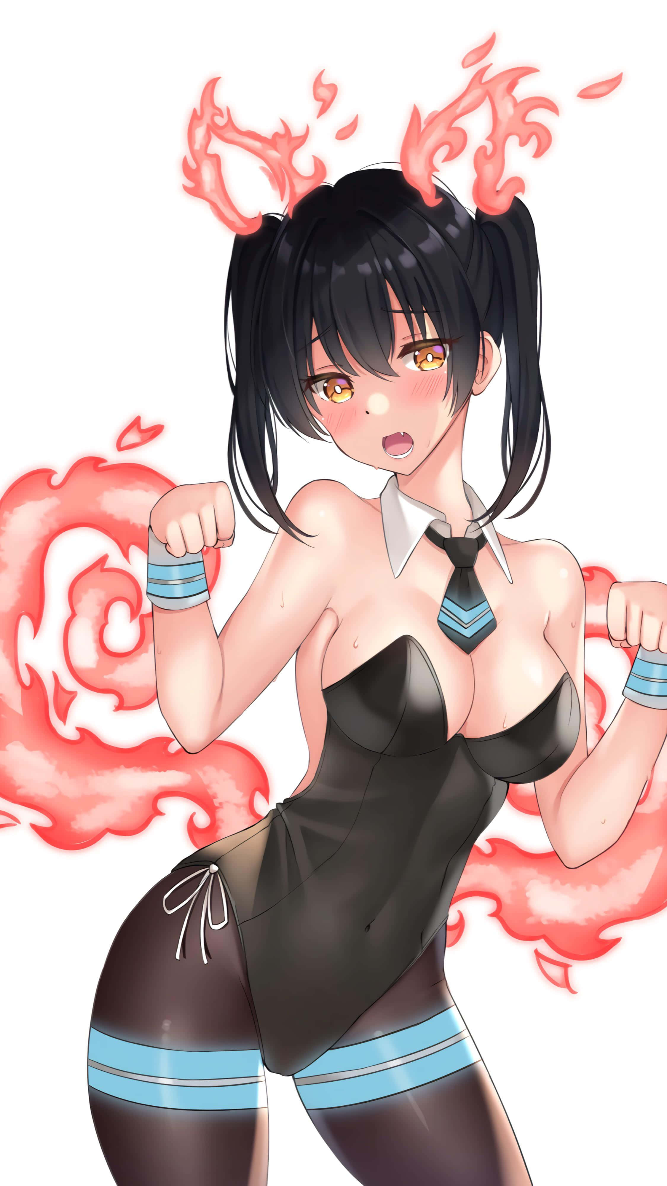 Tamaki Fire Force, fiery-haired anime girl, black outfit, 4K Phone Wallpaper