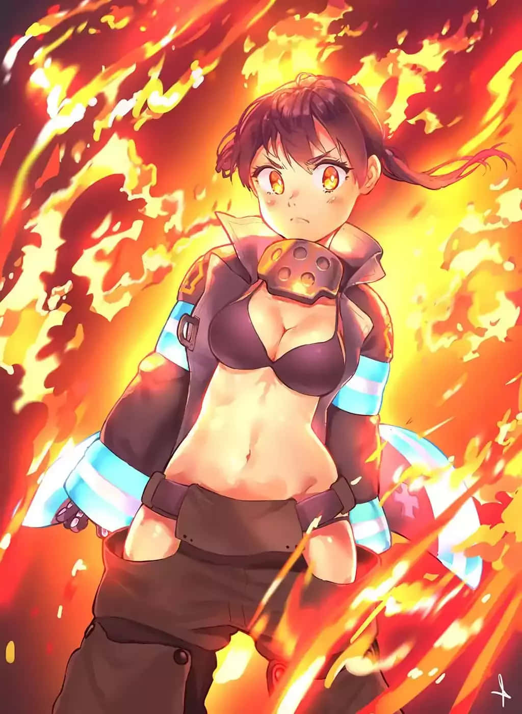 Tamaki Fire Force, fiery-haired anime girl, firefighter gear, HD Phone Wallpaper