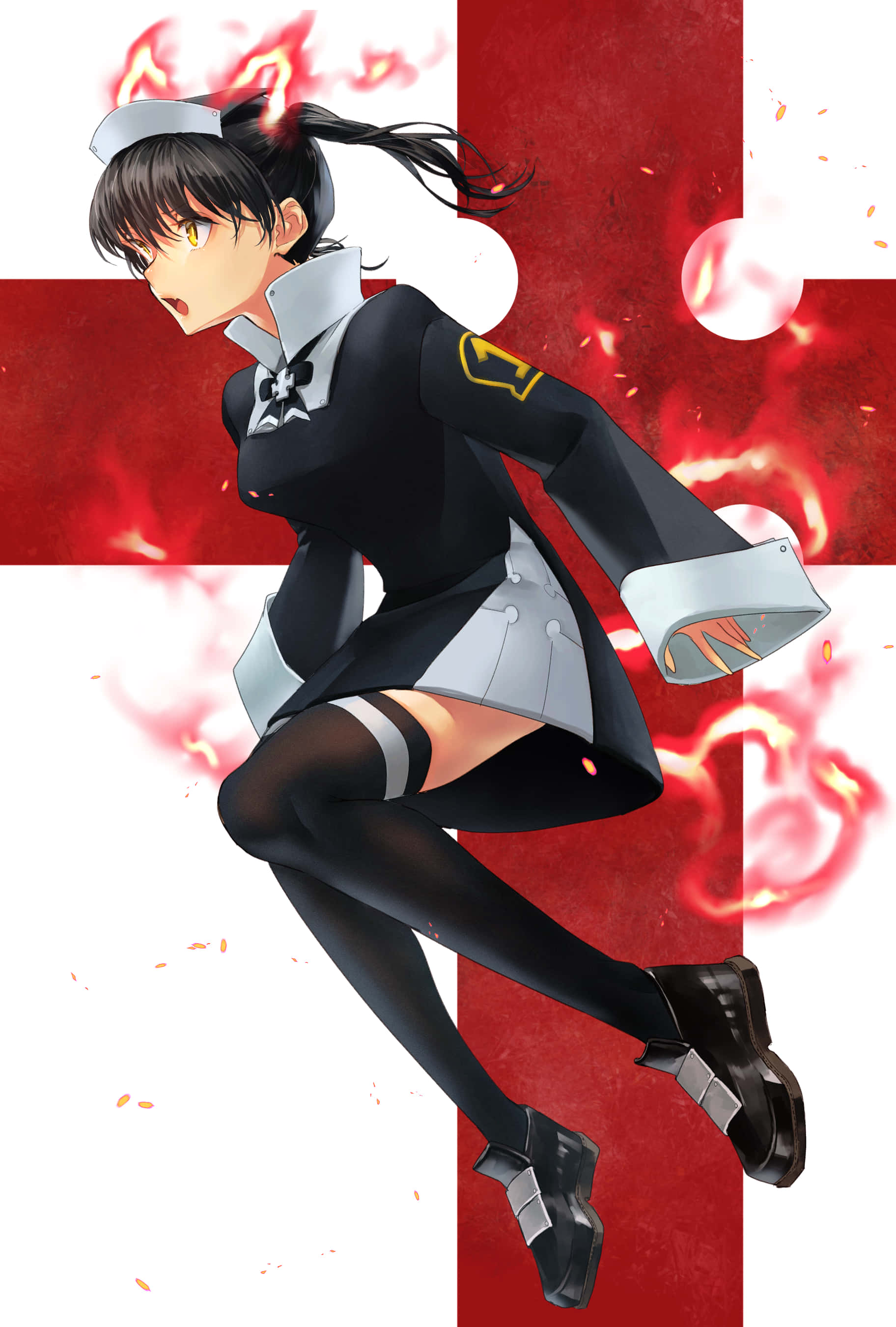 Tamaki Fire Force, black nurse outfit, fiery red energy, 2K Phone Wallpaper