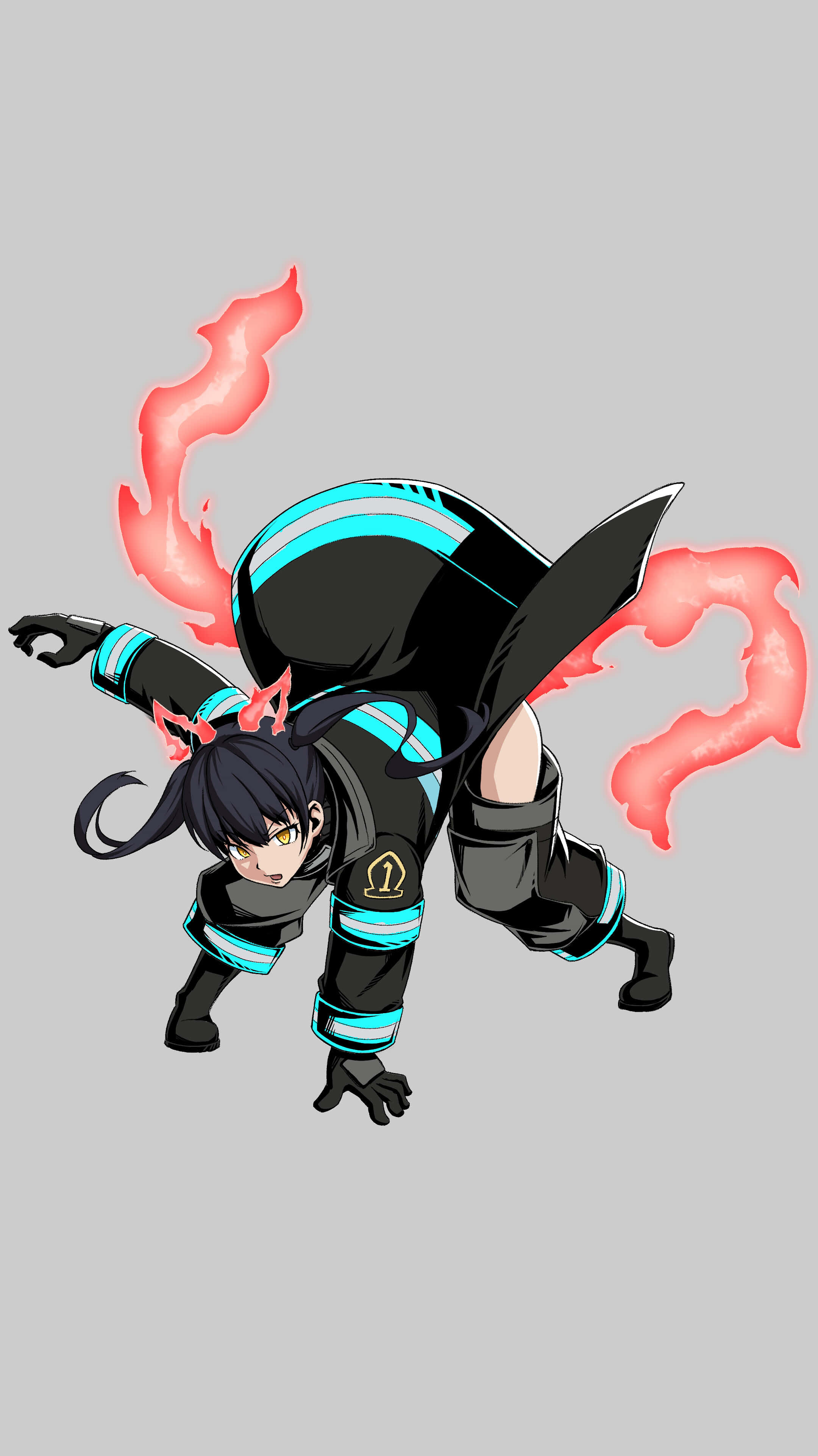 Tamaki Fire Force, black and cyan outfit, red flame effects, 4K Phone Wallpaper