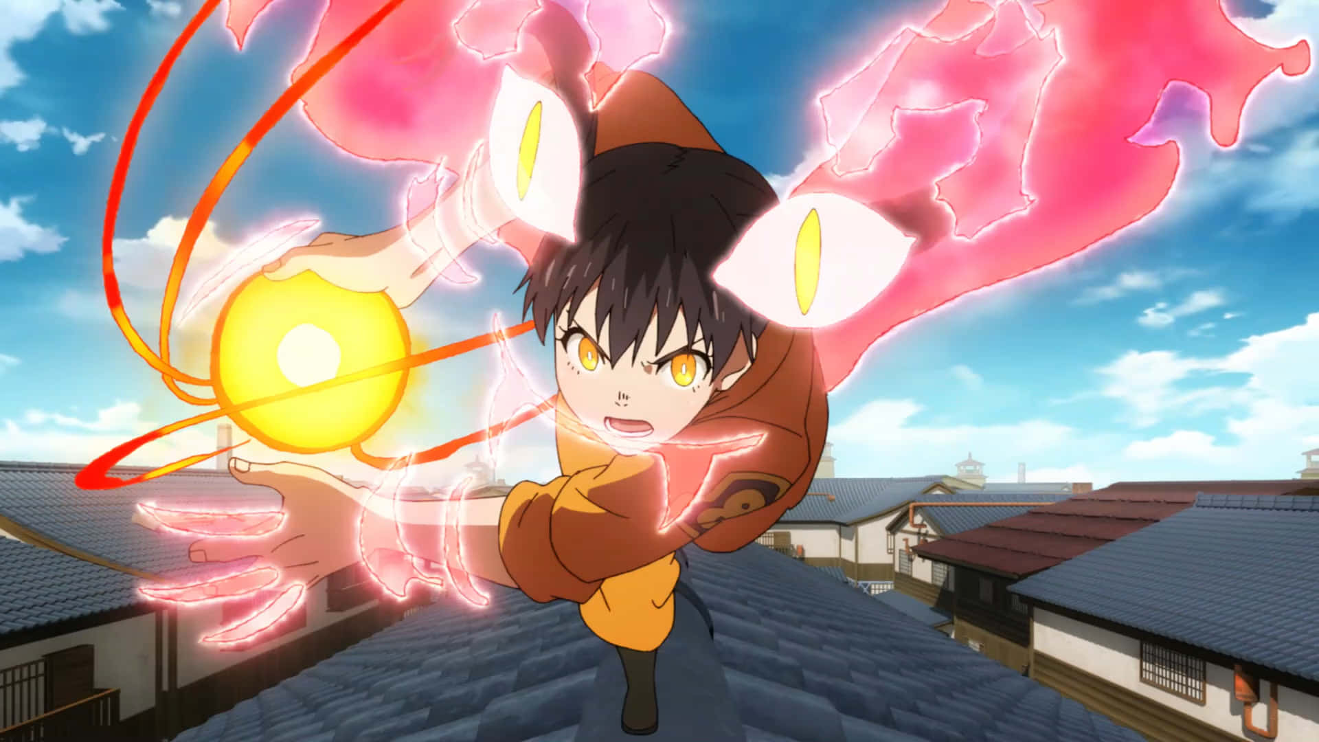 Tamaki Fire Force, orange robes, glowing pink and yellow energy, Full HD Desktop Wallpaper