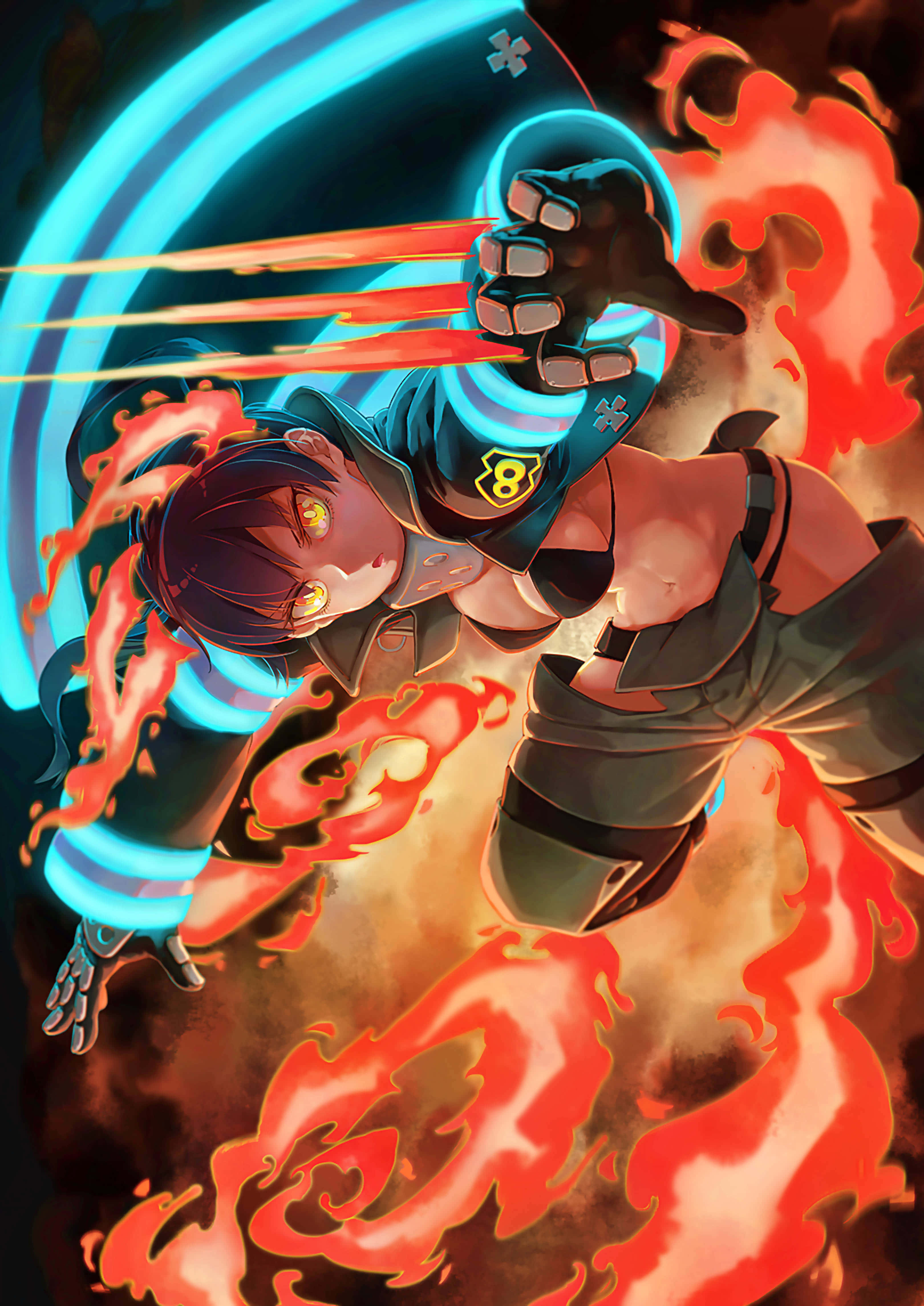 Tamaki Fire Force, glowing yellow eyes, fiery red energy bursts, 4K Phone Wallpaper