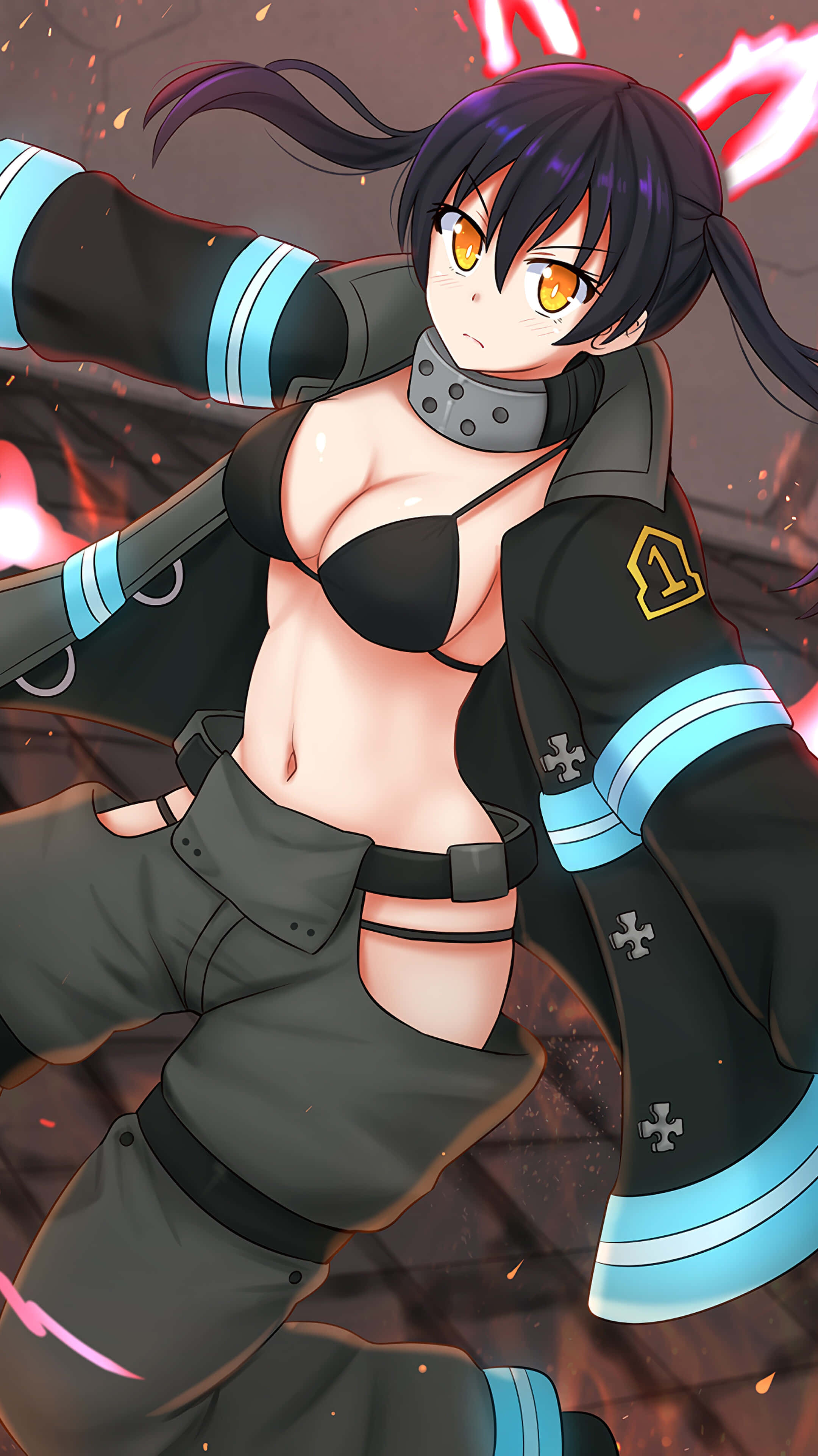 Tamaki Fire Force, black hair, orange eyes, 4K Phone Wallpaper