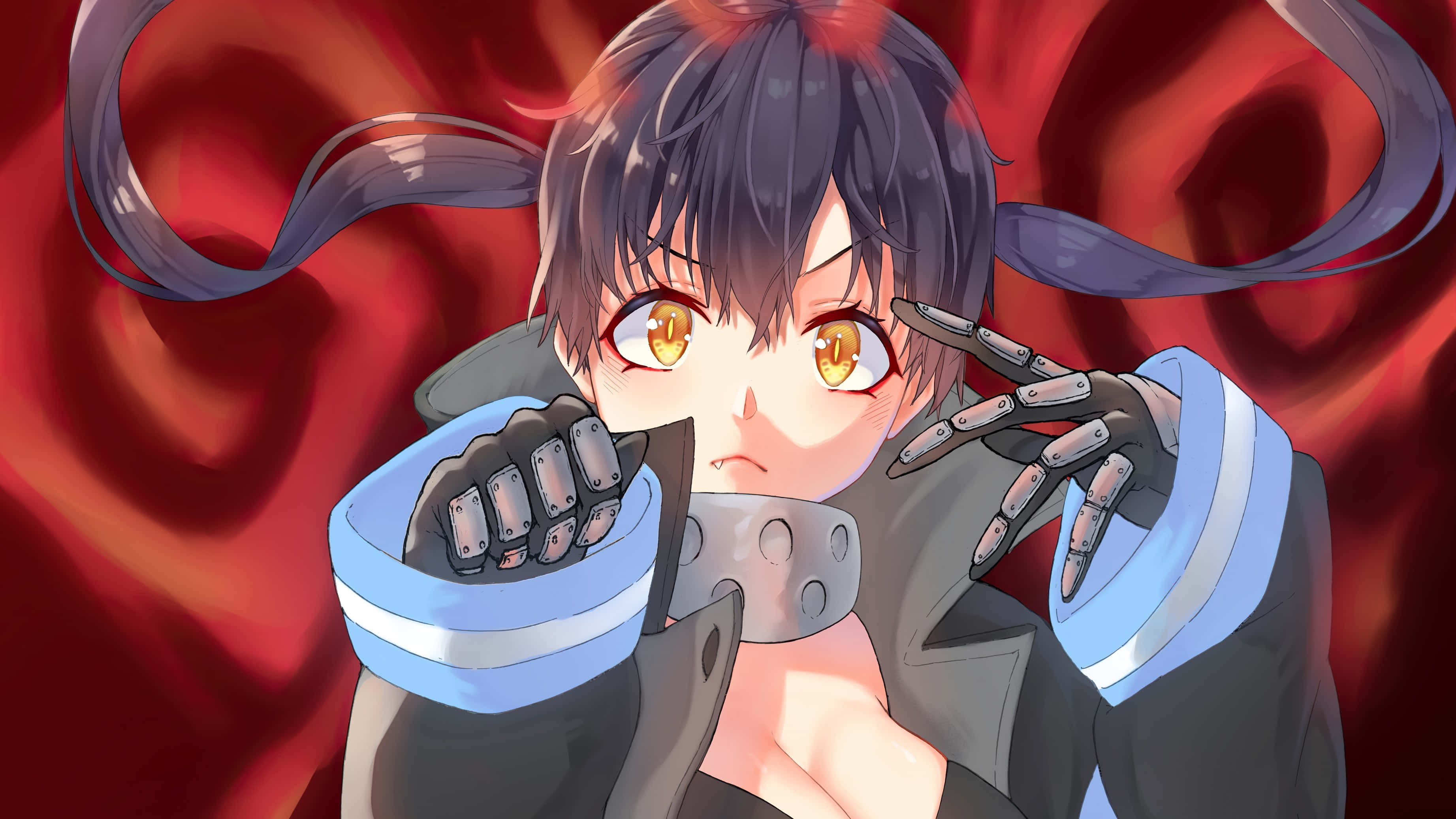 Tamaki Fire Force, glowing amber eyes, robotic hands, 2K Desktop Wallpaper