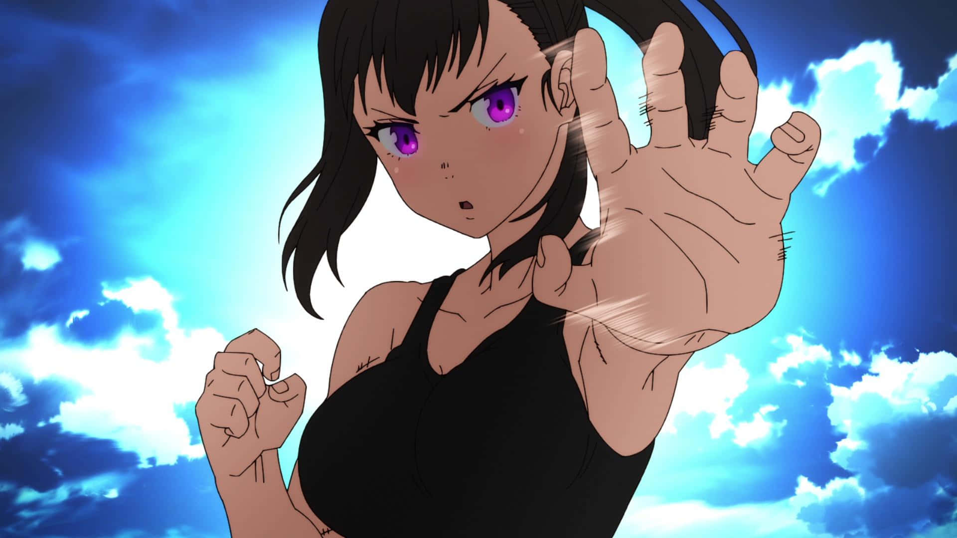 Tamaki Fire Force, purple eyes, black hair, Full HD Desktop Wallpaper