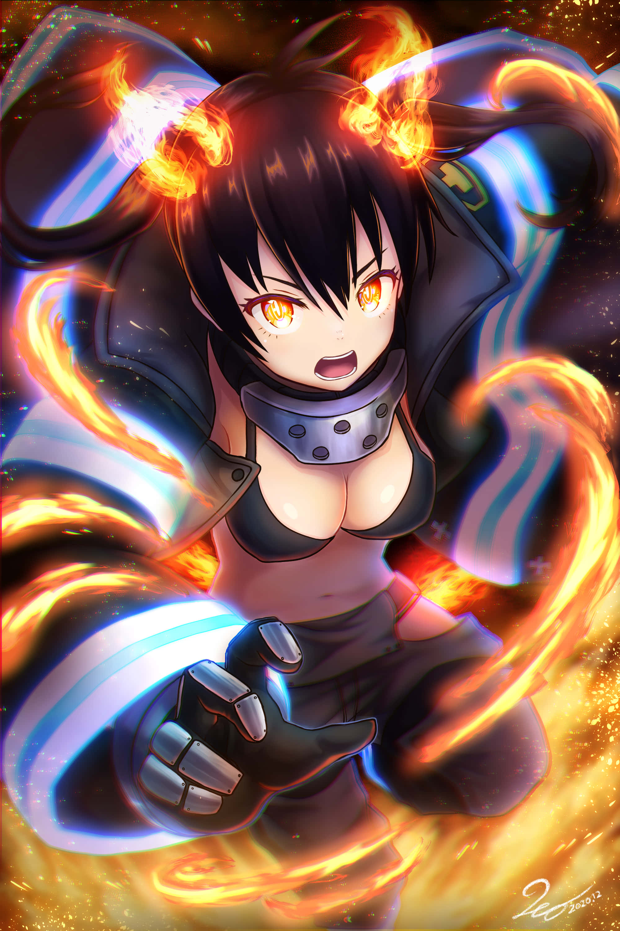 Tamaki Fire Force, fiery horns, glowing eyes, 2K Phone Wallpaper
