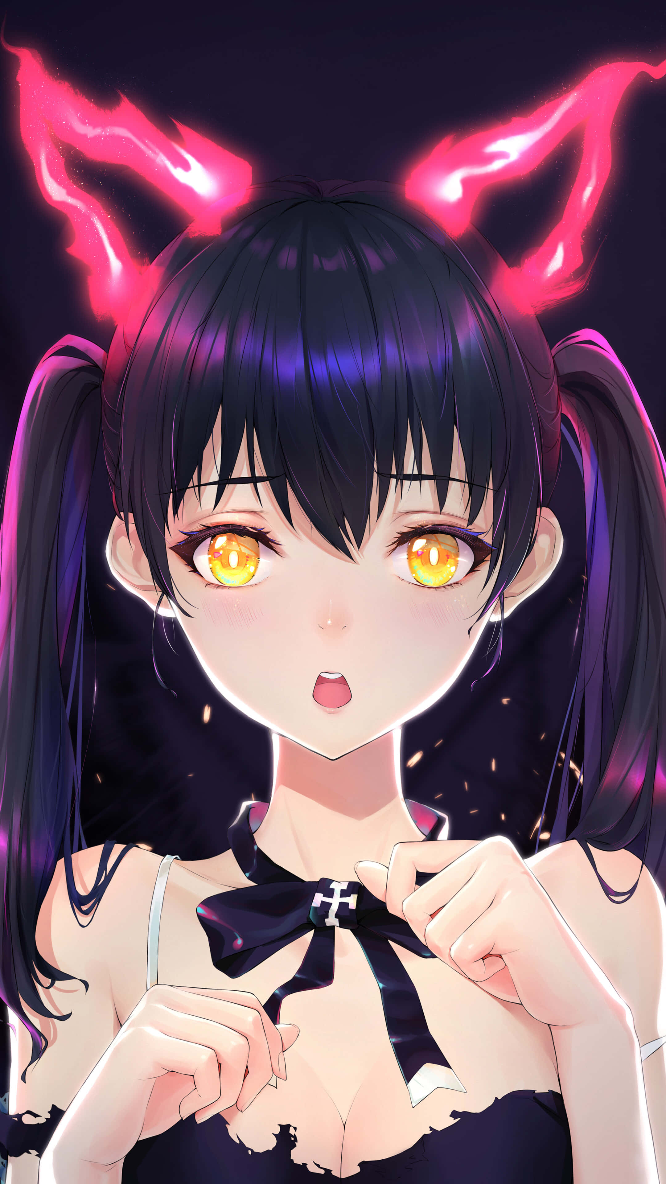 Tamaki Fire Force, glowing yellow eyes, fiery pink horns, 4K Phone Wallpaper