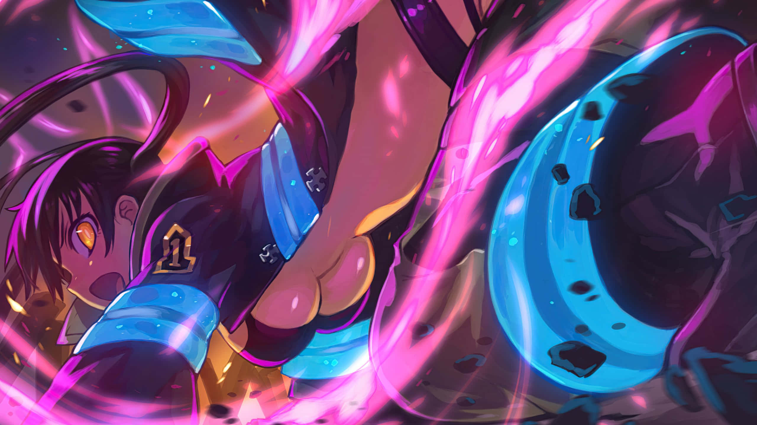 Tamaki Fire Force, purple hair, glowing eyes, 2K Desktop Wallpaper