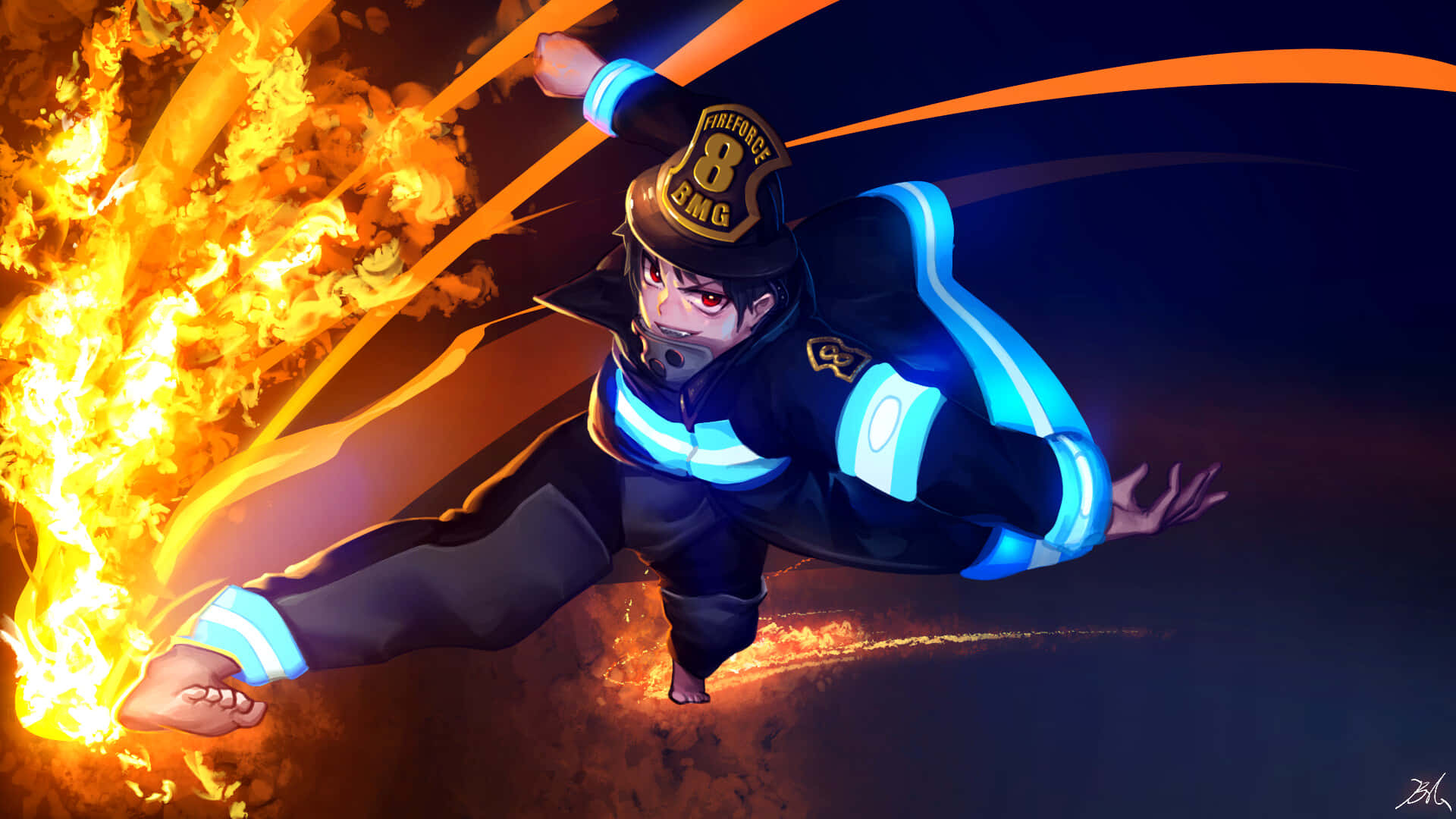 Tamaki Fire Force, firefighter, glowing blue uniform, Full HD Desktop Wallpaper