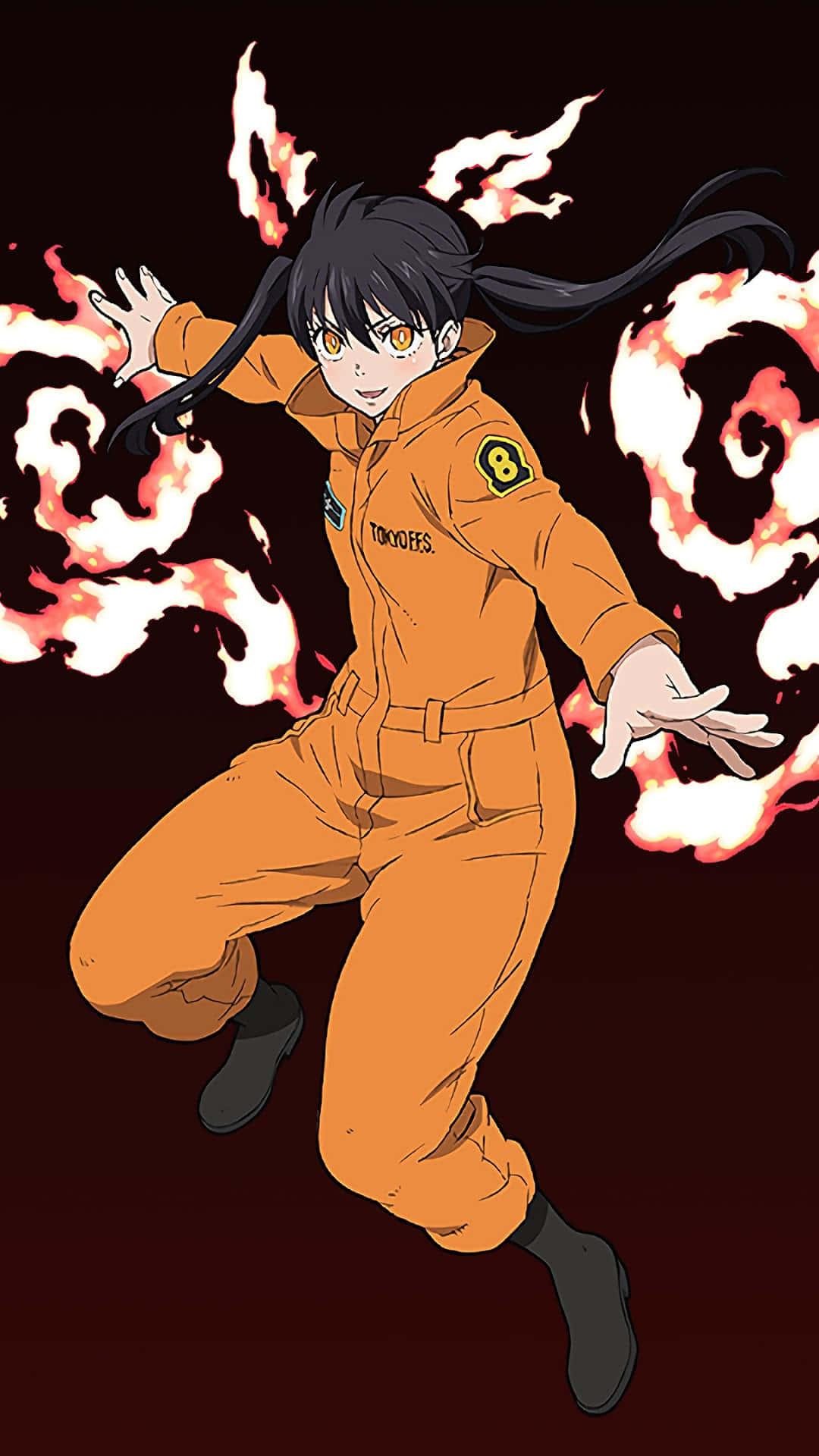 Tamaki Fire Force, orange jumpsuit, fiery energy, Full HD Phone Wallpaper