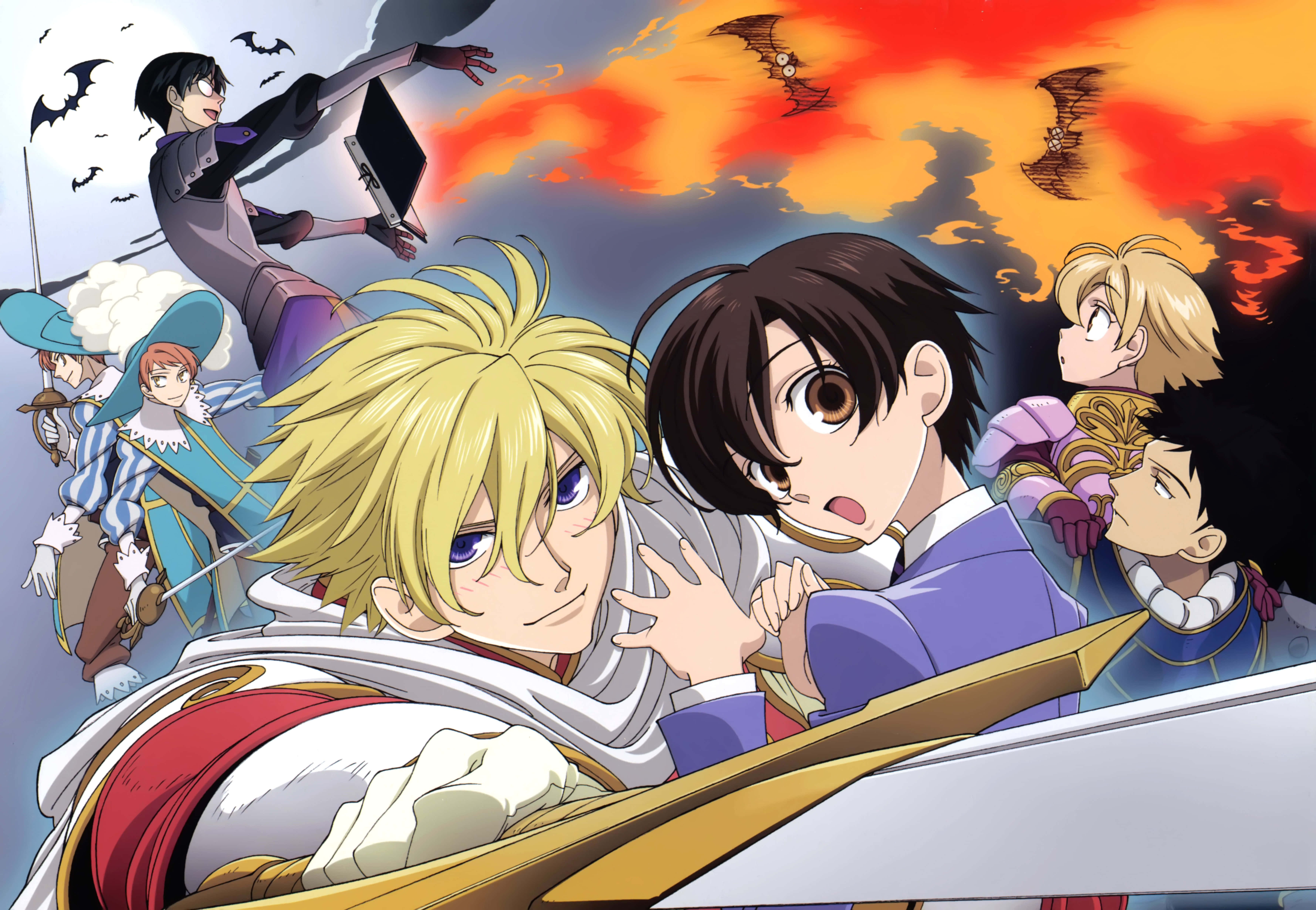 Tamaki Suoh, fiery sunset sky, bats flying overhead, 5K Desktop Wallpaper